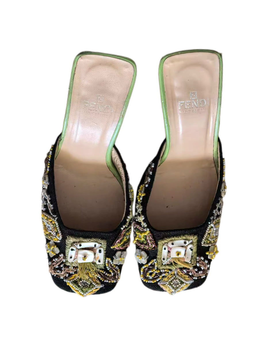 Fendi Black Satin Embroidered & Beaded Heels
