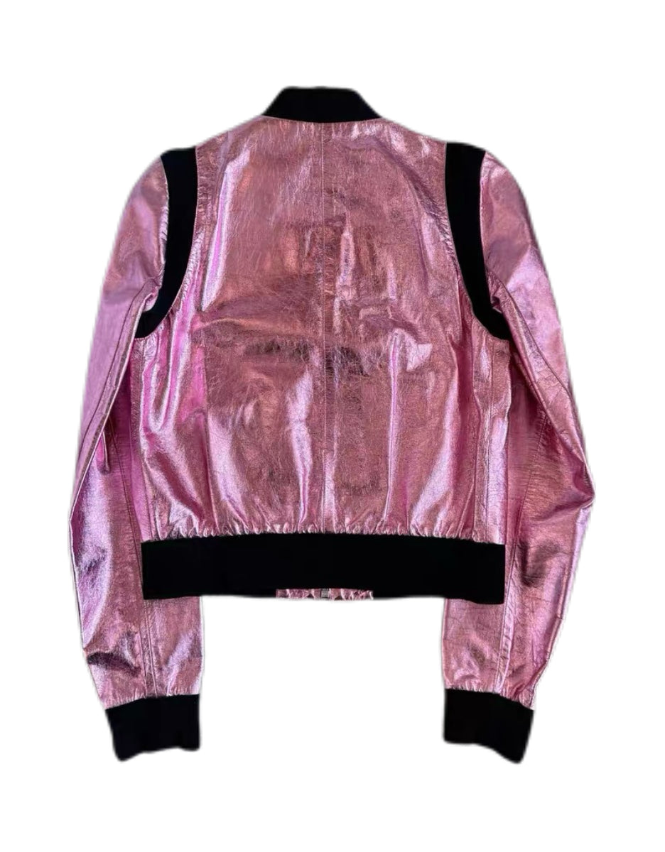 MIU MIU Metallic Pink Leather Bomber Jacket