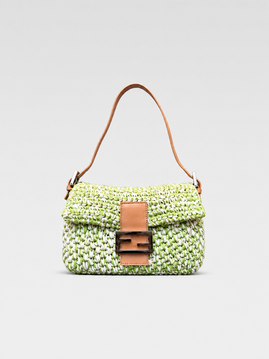 Fendi Vintage Green White Woven Baguette Bag Limited Edition Mini Shoulder Bag Rare Summer Piece