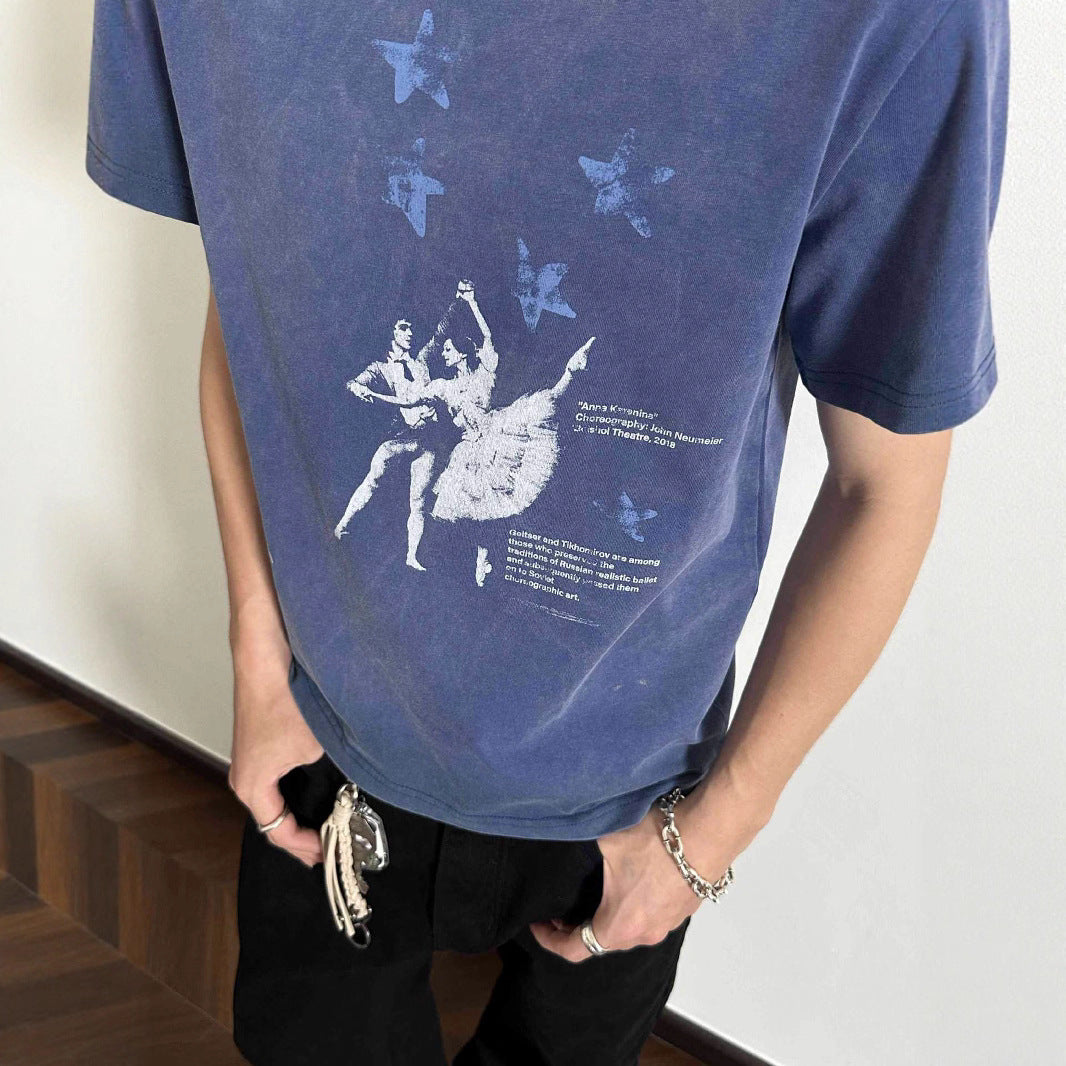 Men's Blue Star Dance Shadow Batik Cotton Washed Vintage Distressed Craft Print Summer Short Sleeve T-shirt