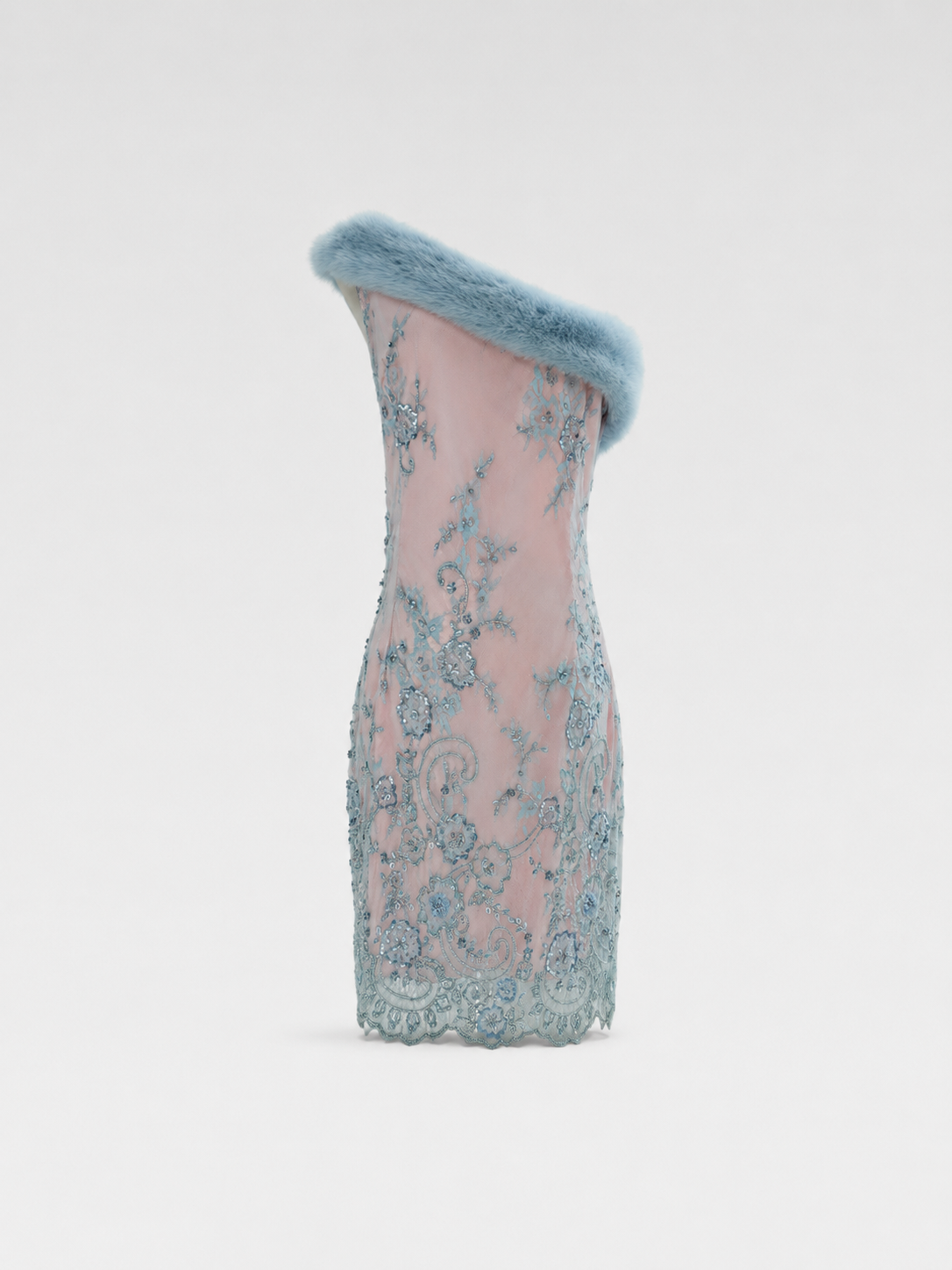 Blumarine One-Shoulder Embellished Lace Dress with Fur Trim – Runway Pink & Ice Blue Beaded Evening Gown (Size 40, New with Tags)