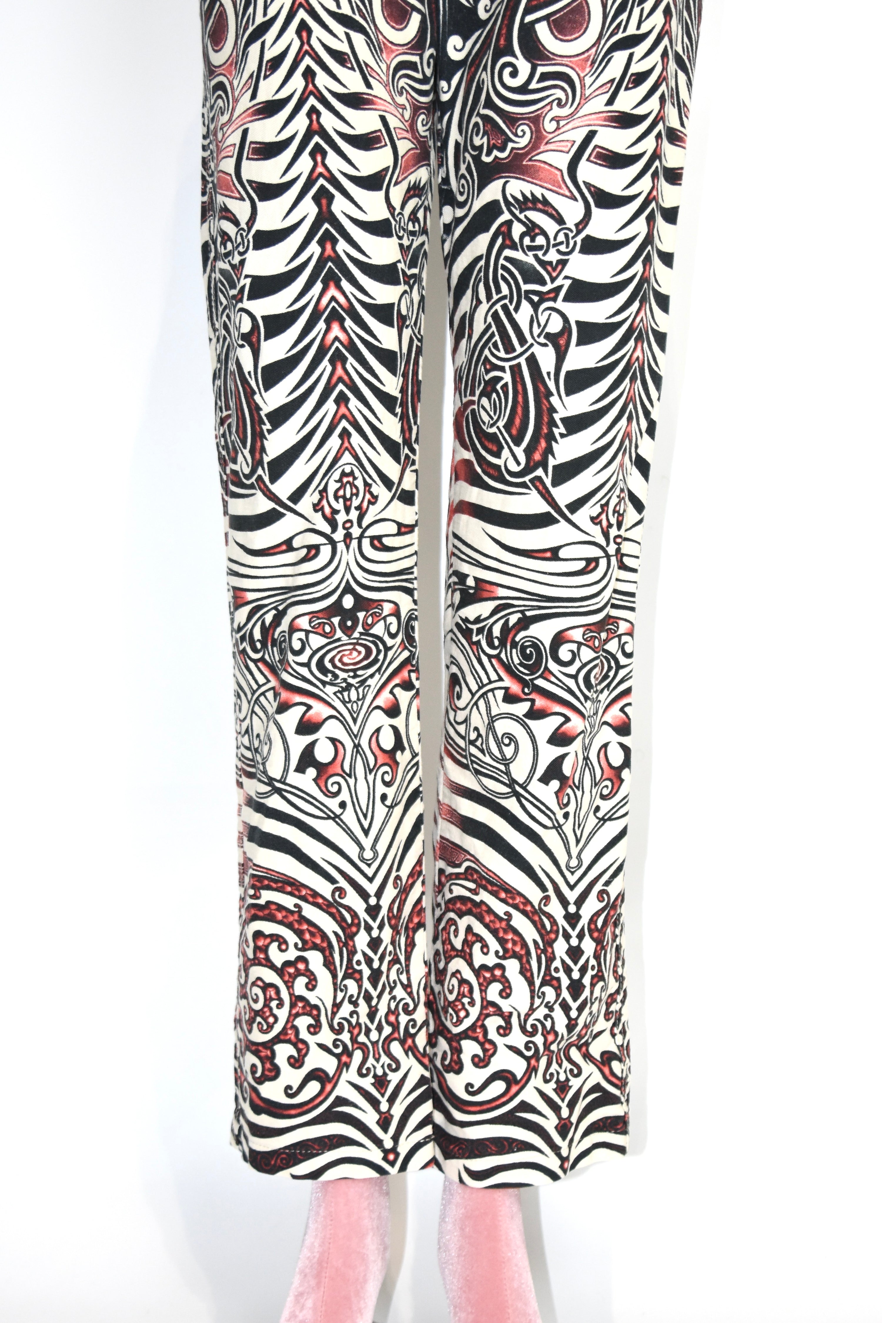 Jean Paul Gaultier Jeans Tribal Print Flared Trousers (Gothic Tattoo Swirl in Black–Red–Ivory)