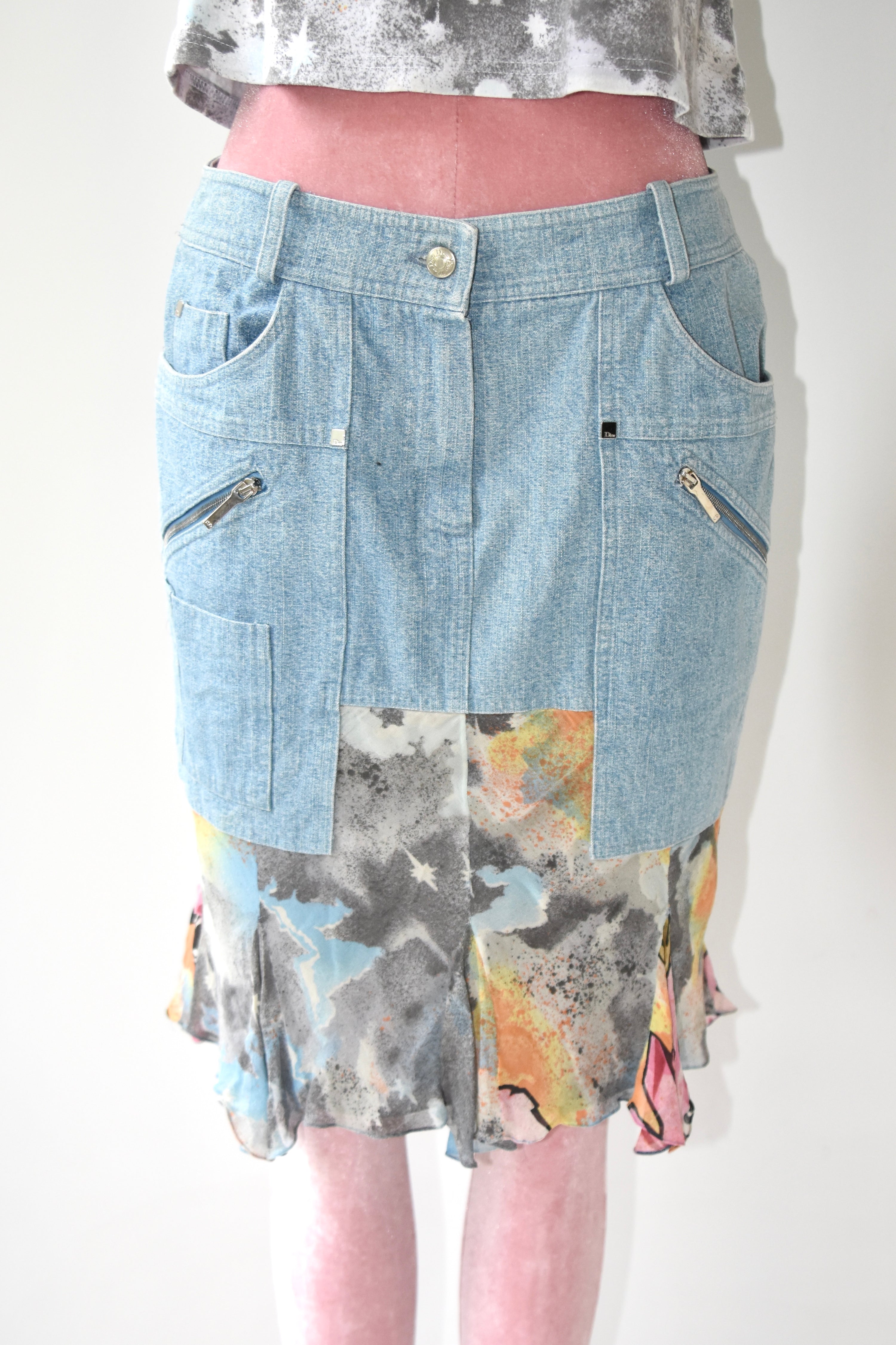 Christian Dior by John Galliano Graffiti Silk Hem Hybrid Skirt (Utility Denim Meets Couture Streetwear)