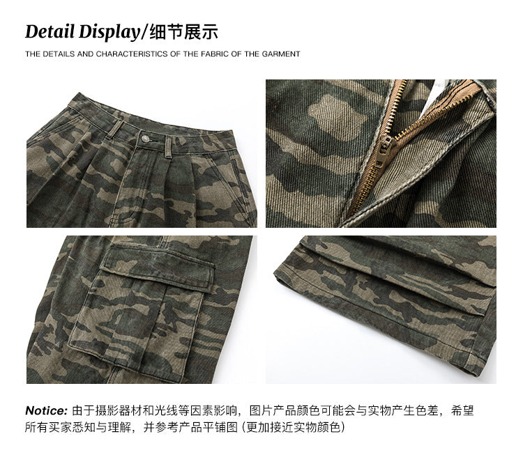 Retro Loose Camouflage Capri Pants American Style Casual Jeans for Men and Women High Street