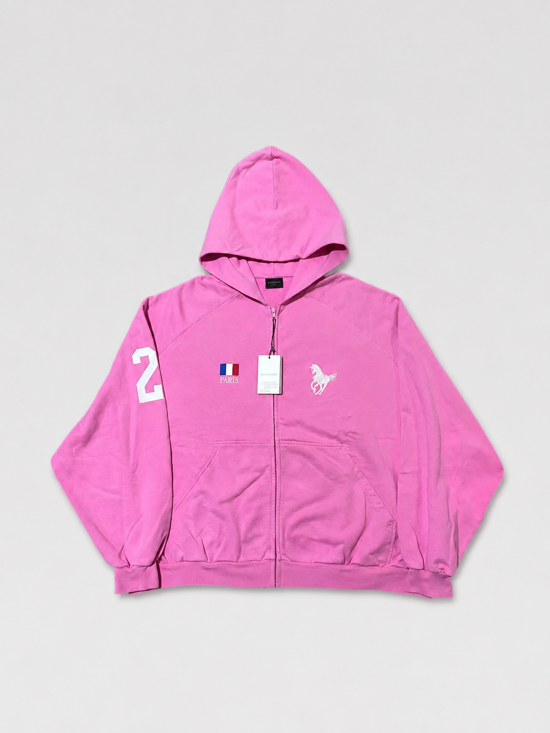 Balenciaga FW22 Runway Oversized Pink Zip-Up Hoodie – Paris Flag Horse Logo “22” Graphic