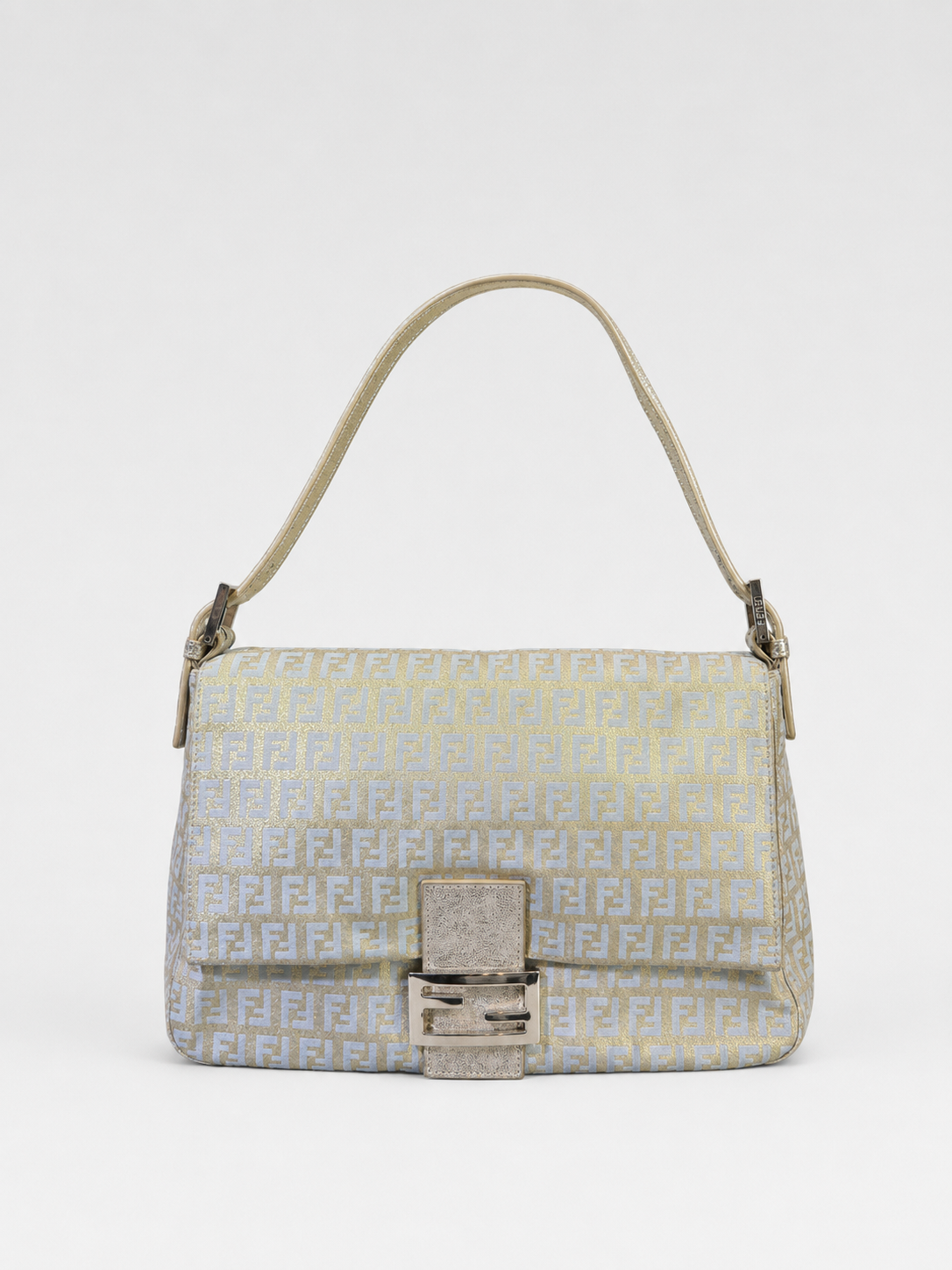 Fendi Vintage Gold Metallic Zucca FF Logo Large Baguette Shoulder Bag Adjustable Strap Rare