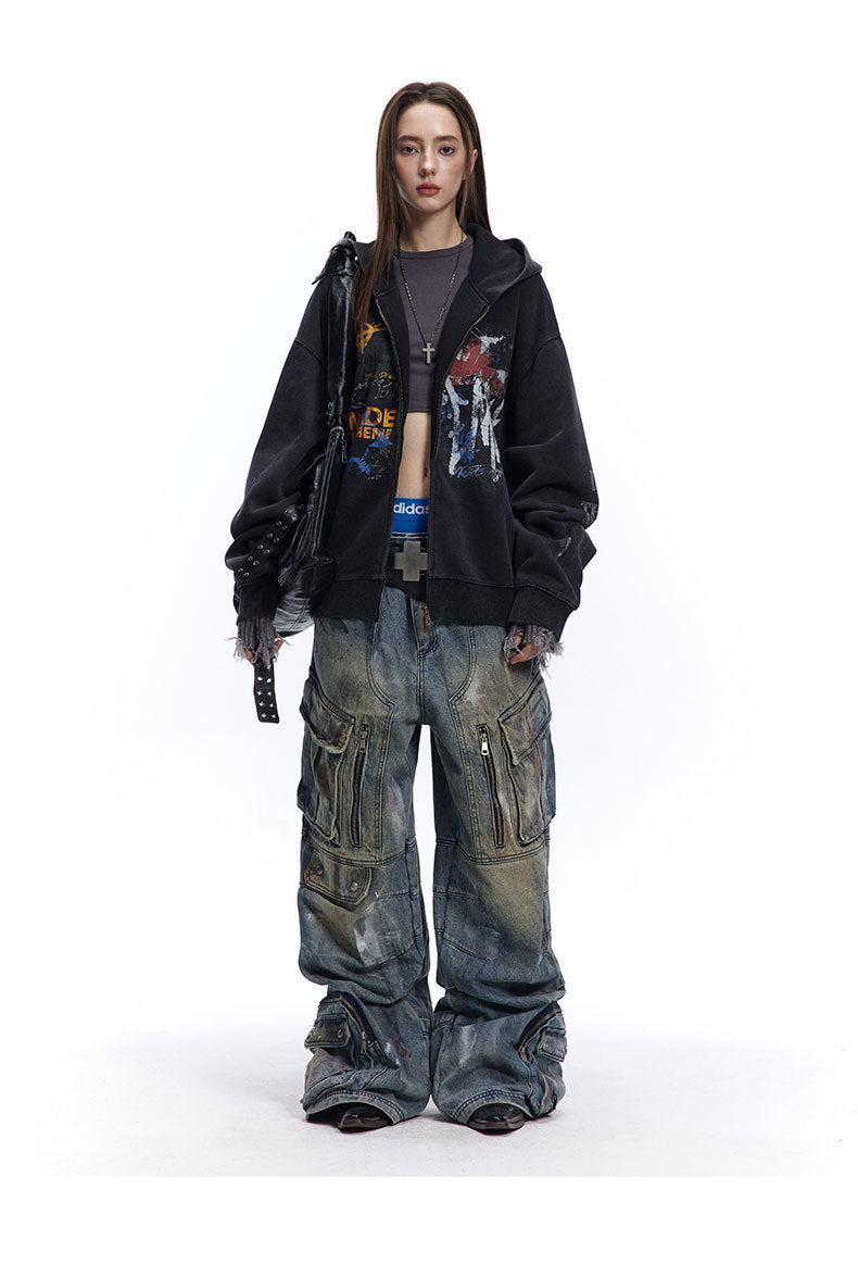Street hip-hop graffiti sweatshirt for men and women, spring and autumn season oversize Trendy Hooded Cardigan Jacket