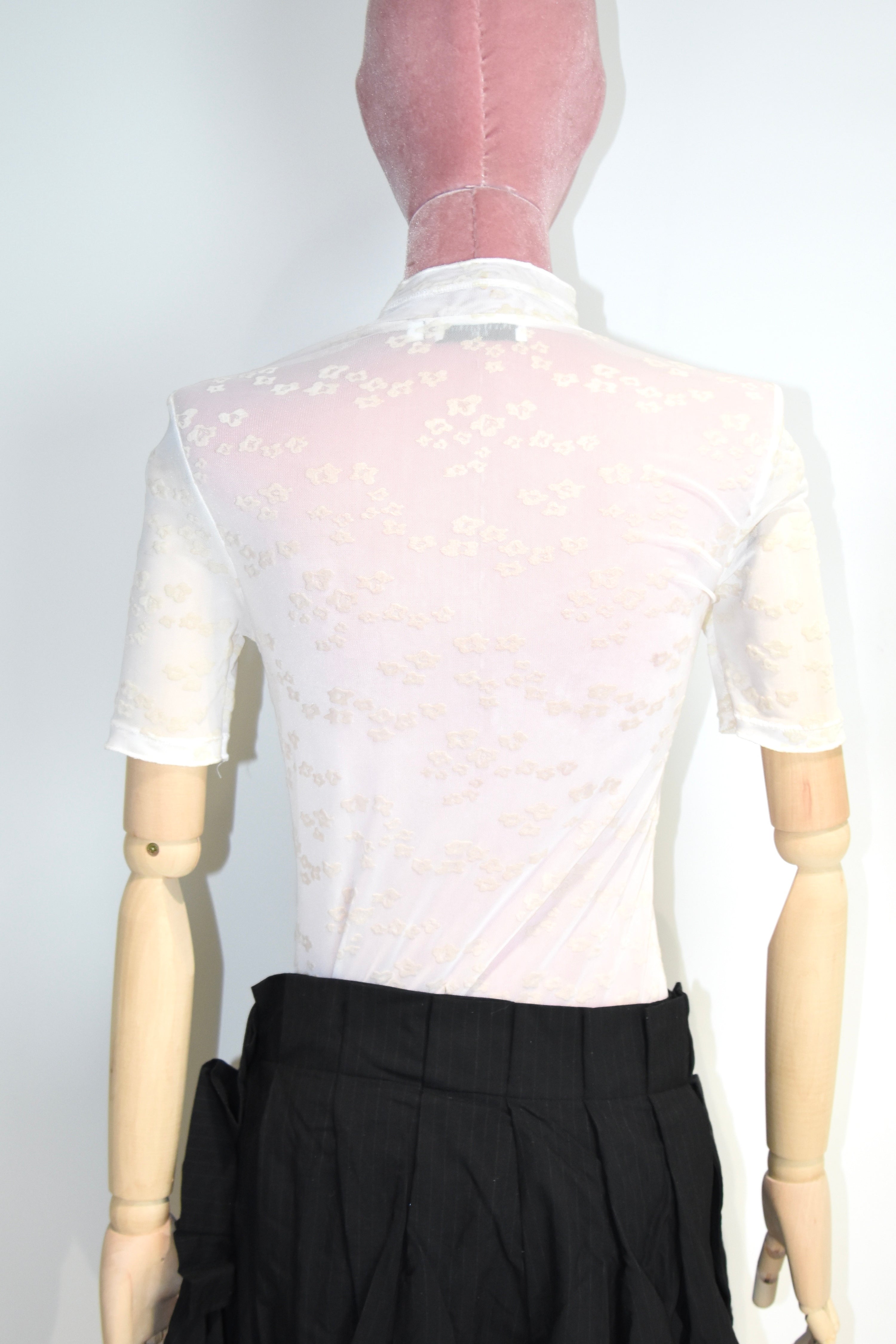 Opening Ceremony Sheer Floral Flocked Mesh T-Shirt – Cream Mock Neck Stretch Top