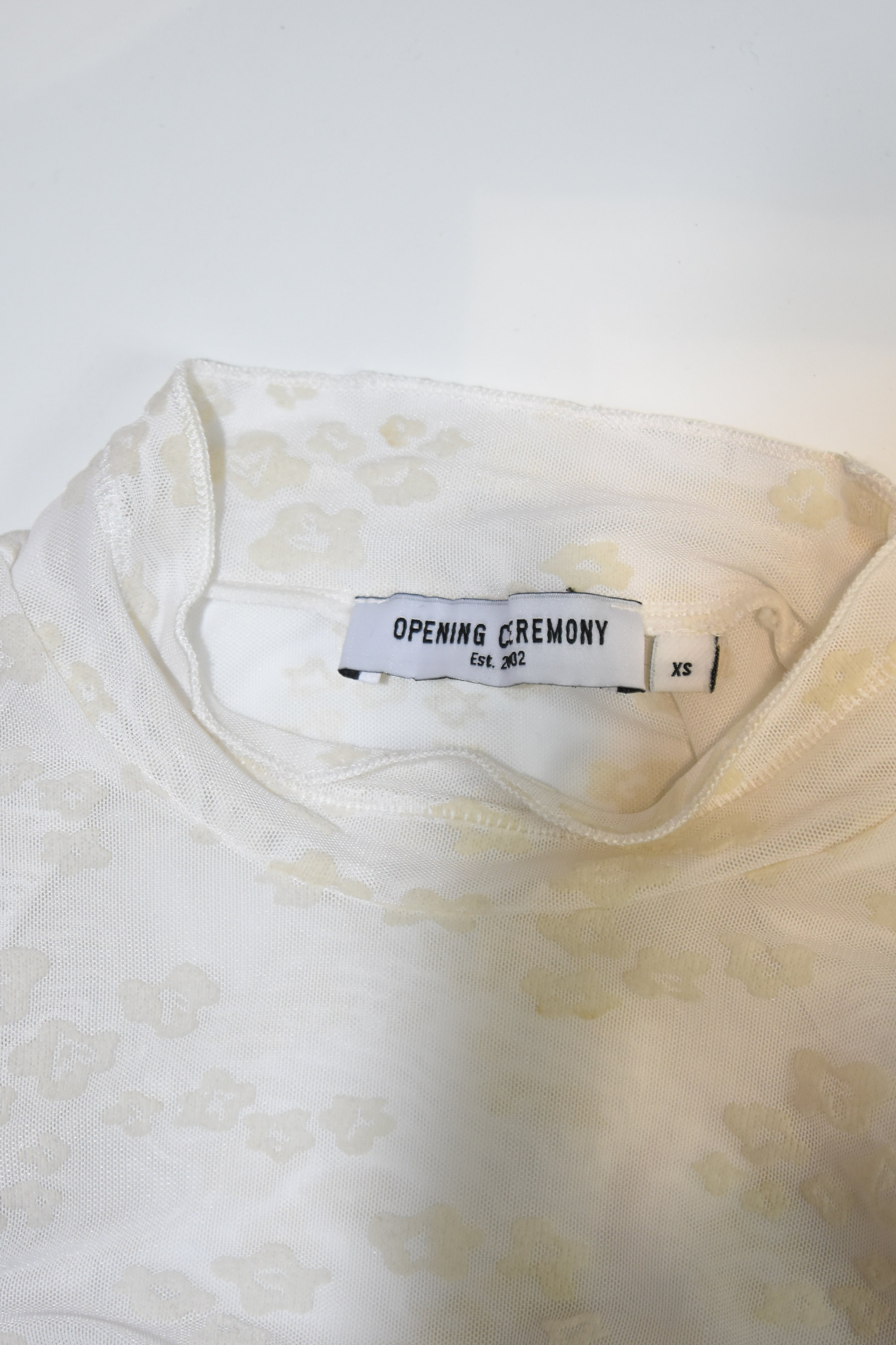 Opening Ceremony Sheer Floral Flocked Mesh T-Shirt – Cream Mock Neck Stretch Top