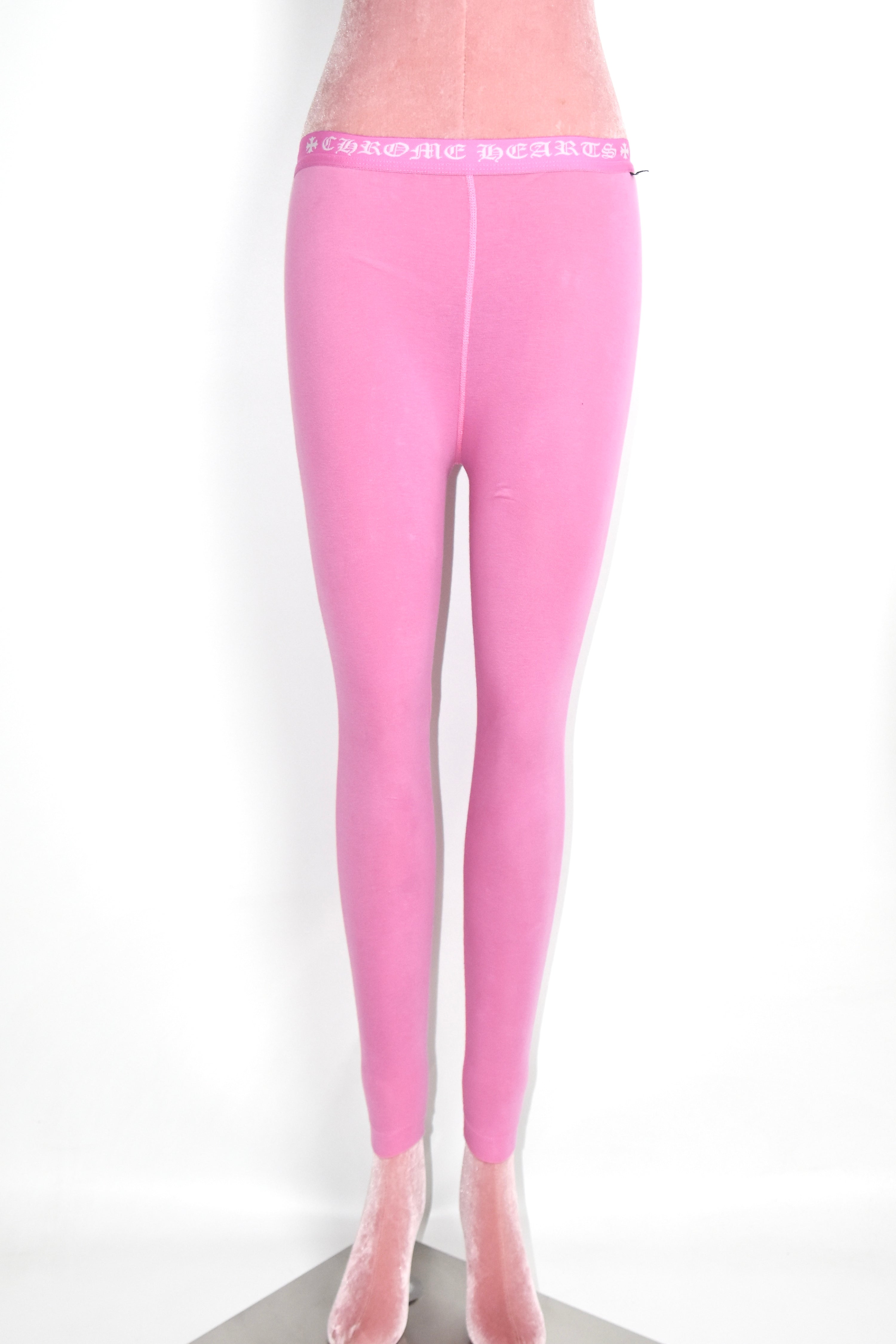Chrome Hearts Pink Gothic Logo Leggings – Cross Shield Print Stretch Pants