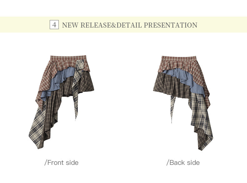 Irregular High Waist Plaid Patchwork Skirt for Women, Unique Sweet and Anti-Exposure Short Skirt