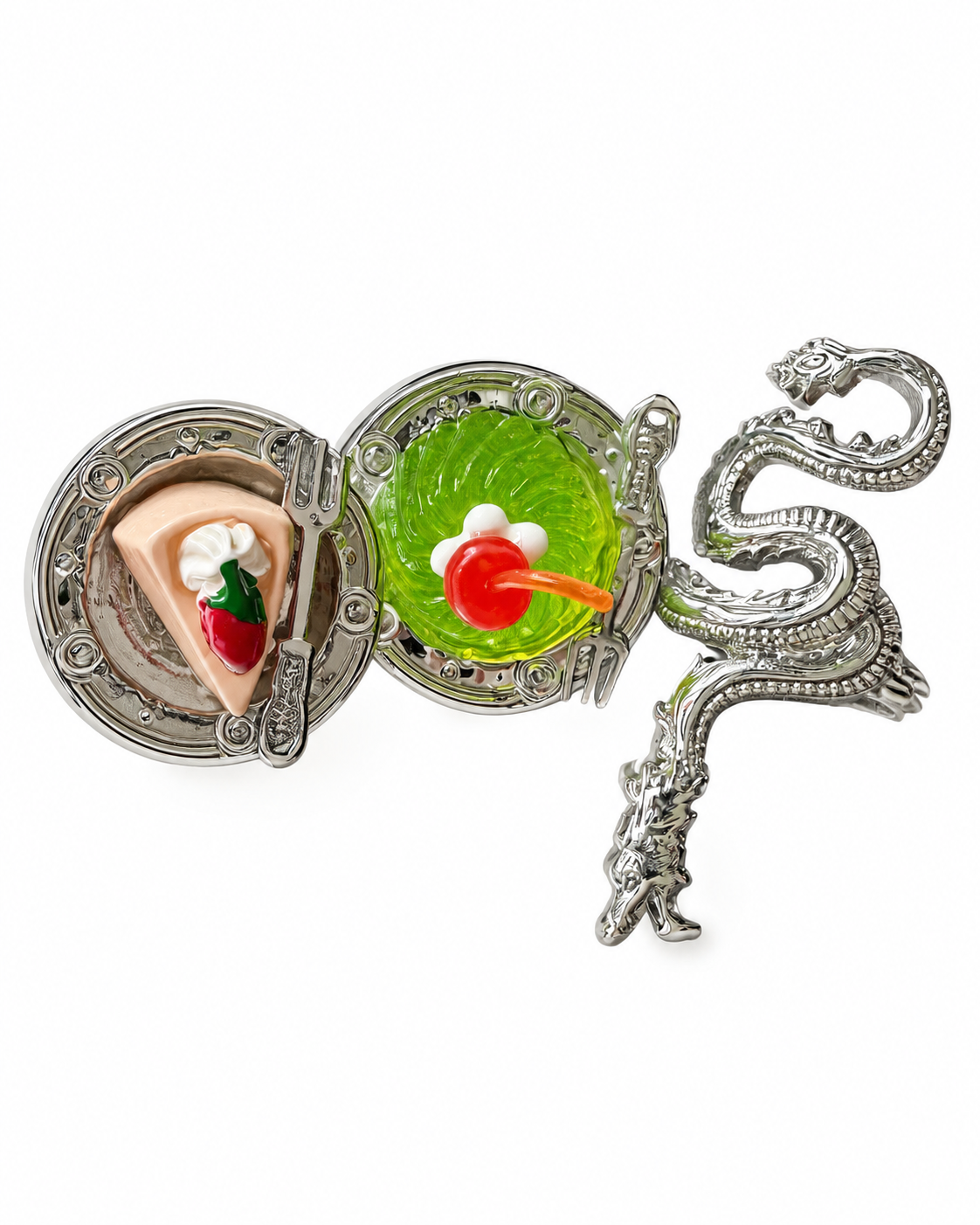 Creative Cake & Dragon Ring Set – 3-Piece Silver-Tone Statement Rings