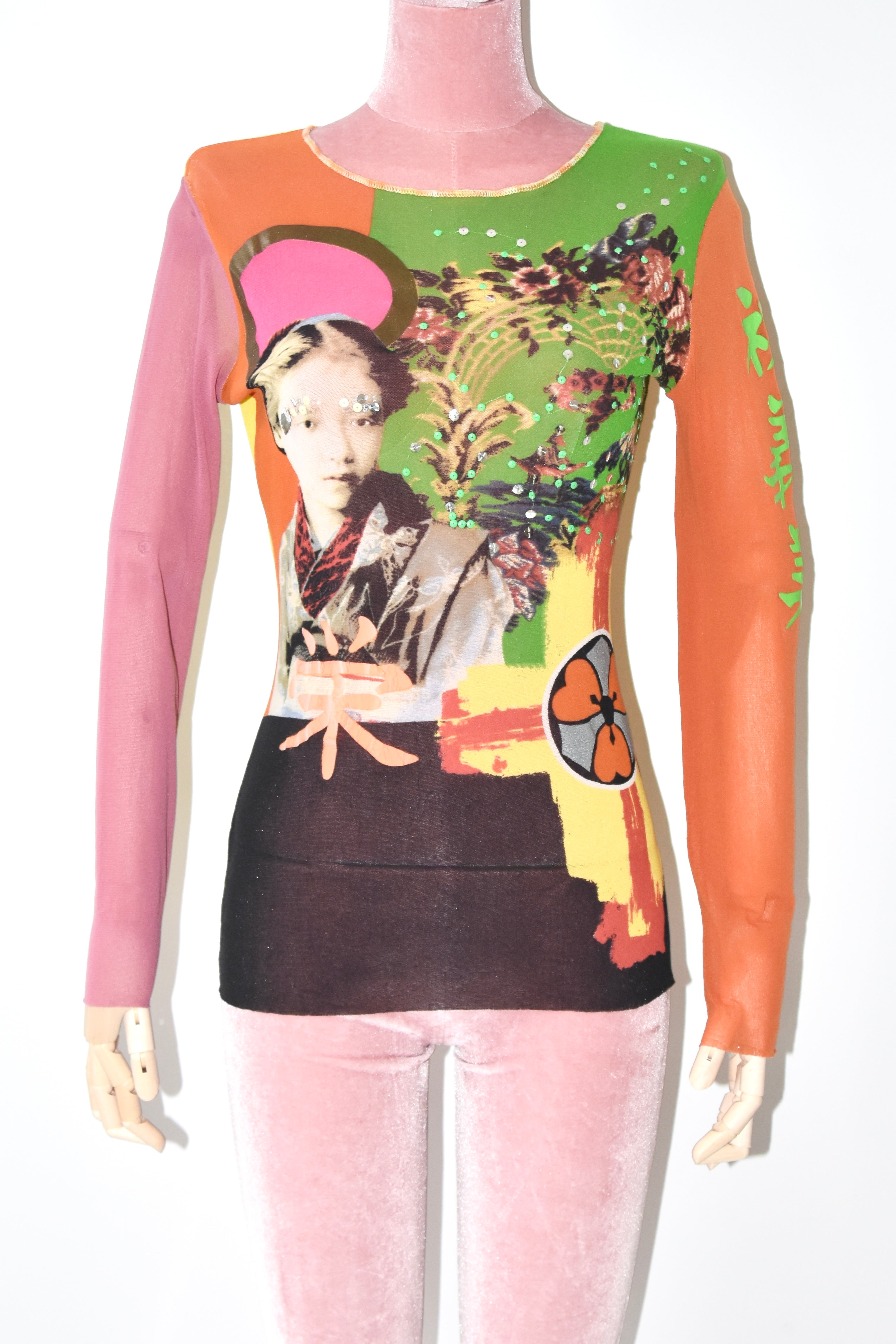 Jean Paul Gaultier Vintage Mesh Portrait Top with Chinese Characters