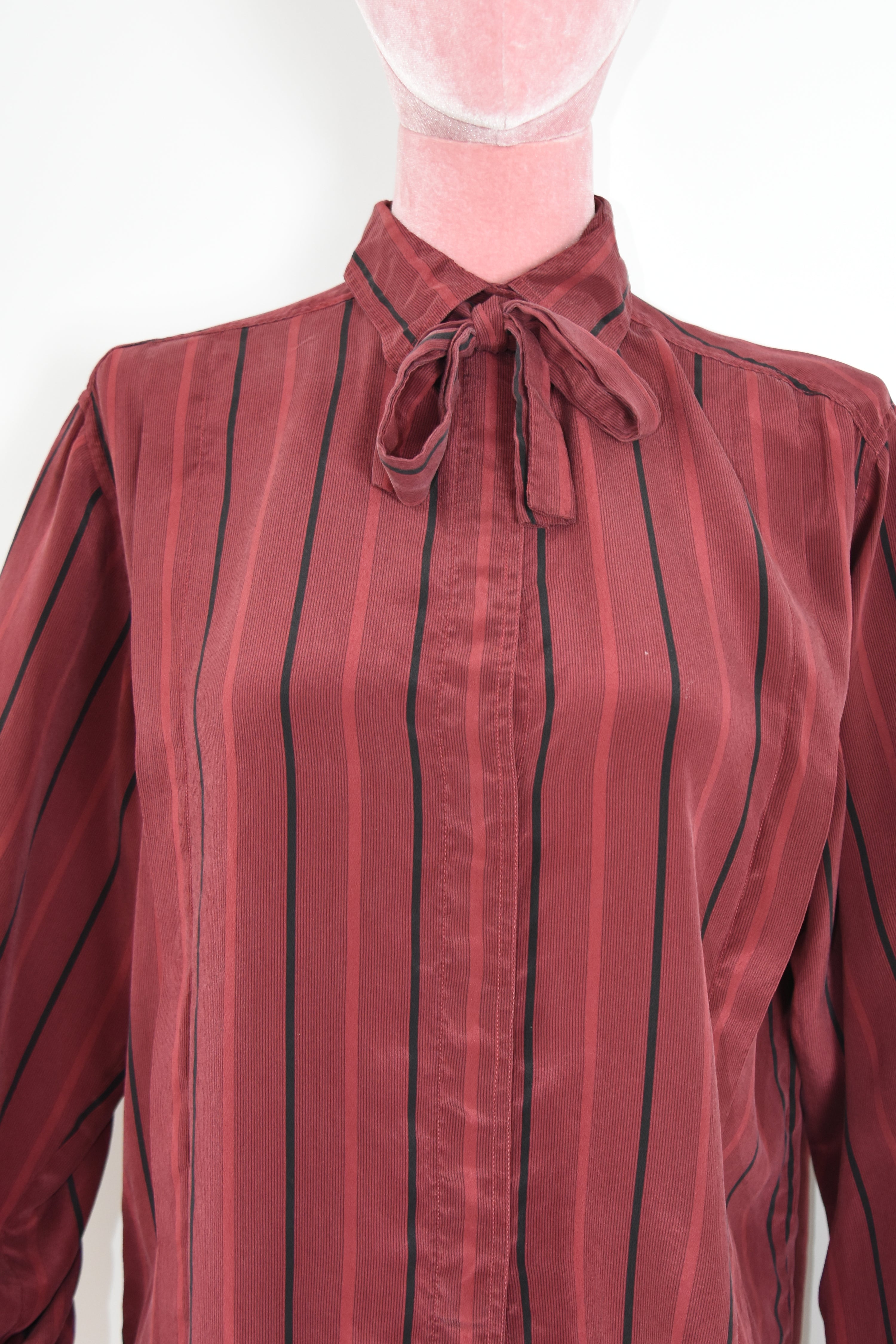 Gucci Vintage Burgundy Silk Stripe Tie Blouse