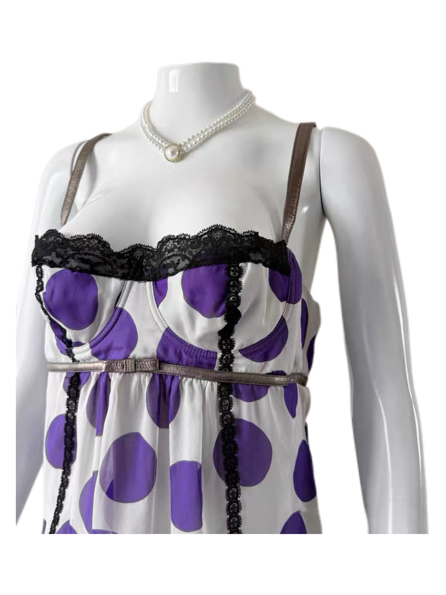 DOLCE & GABBANA Vintage Purple Polka-Dot Silk Lace Camisole Top