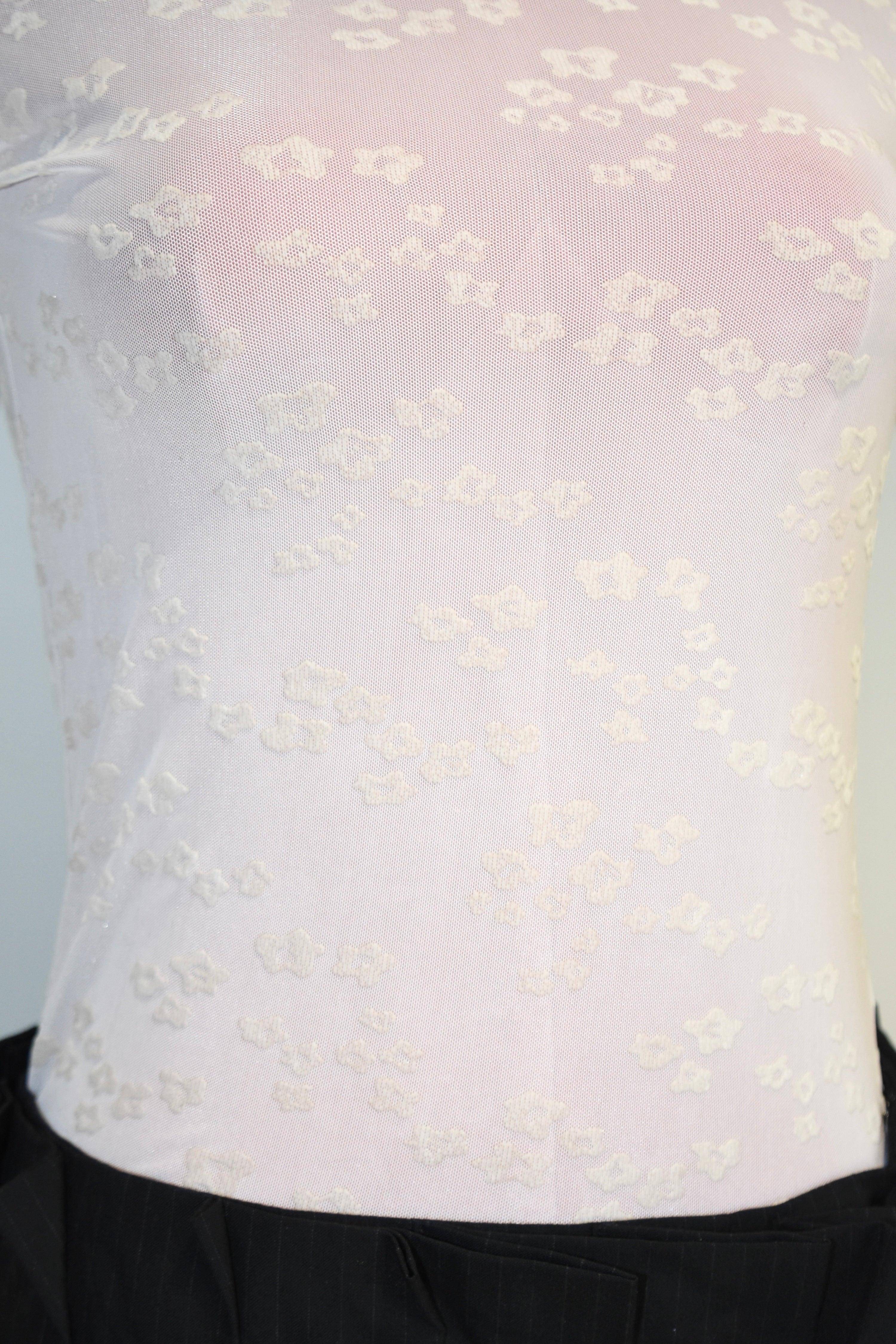 Opening Ceremony Sheer Floral Flocked Mesh T-Shirt – Cream Mock Neck Stretch Top