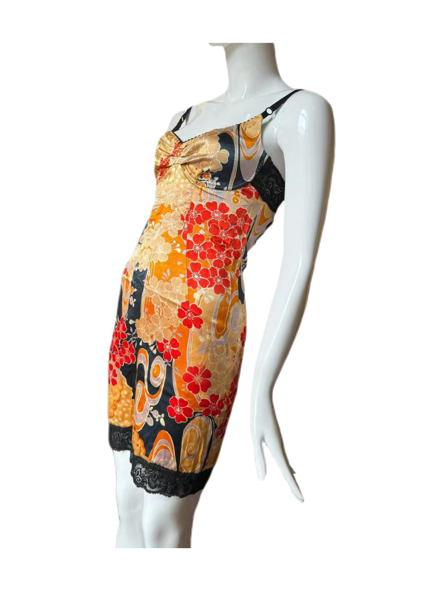 Dolce & Gabbana Y2K Runway Silk Oriental Print Lace Slip Dress – Rare Archive Corset Mini Dress