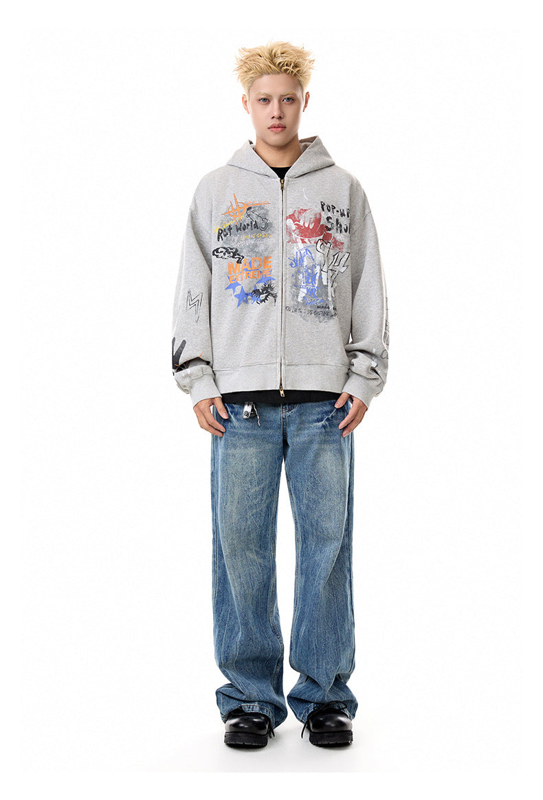 Street hip-hop graffiti sweatshirt for men and women, spring and autumn season oversize Trendy Hooded Cardigan Jacket