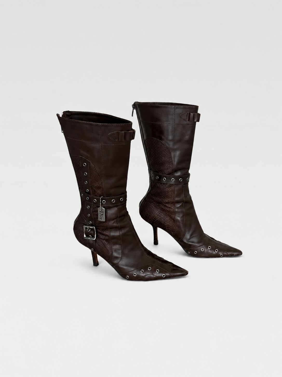 Christian Dior by John Galliano Spring Summer 2002 Punk Studded Pointed Boots – Brown Archive Runway Heels