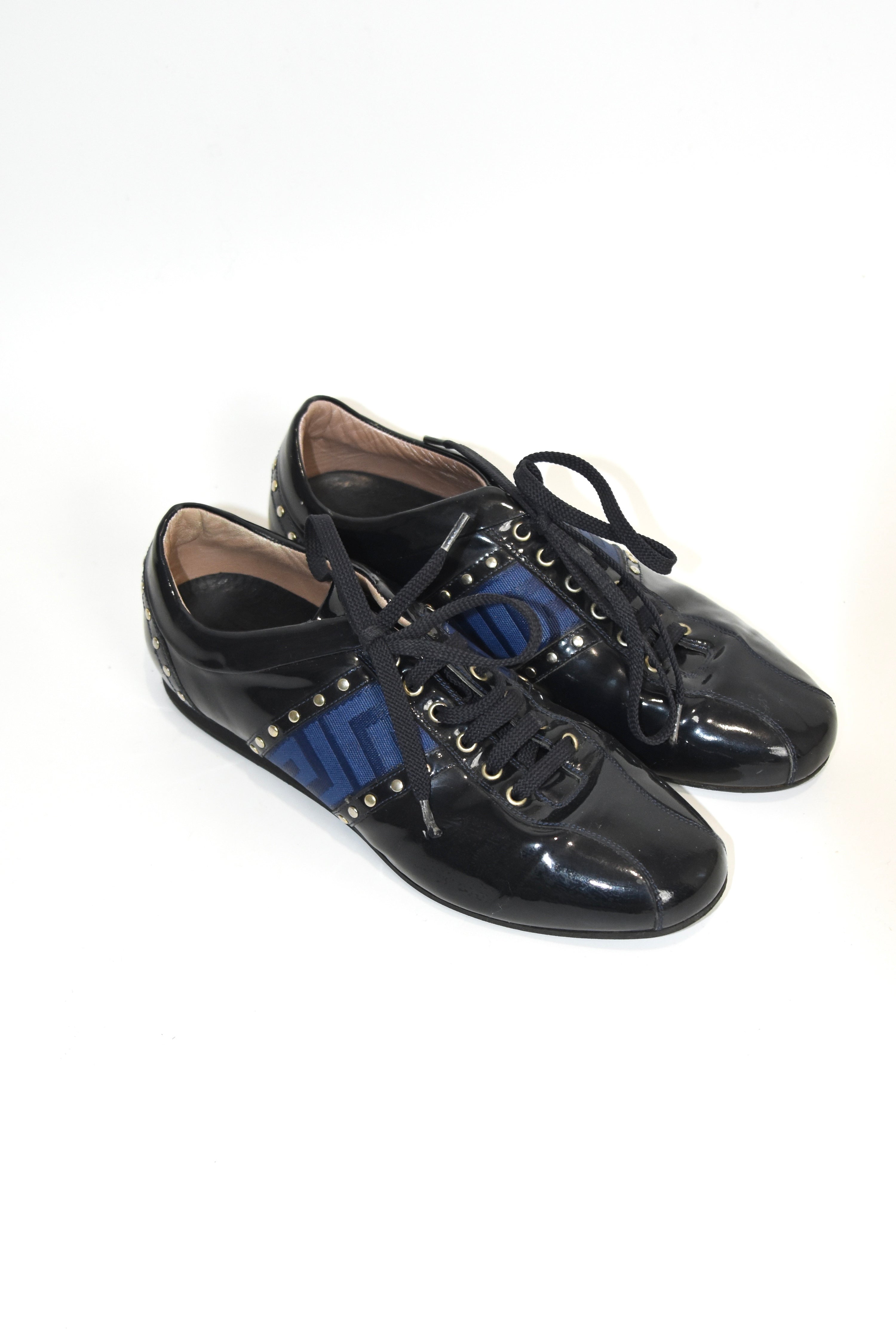 Versace Patent Leather Studded Lace-Up Sneakers – Size 37 (Made in Italy / Blue Greek Key / Archive)