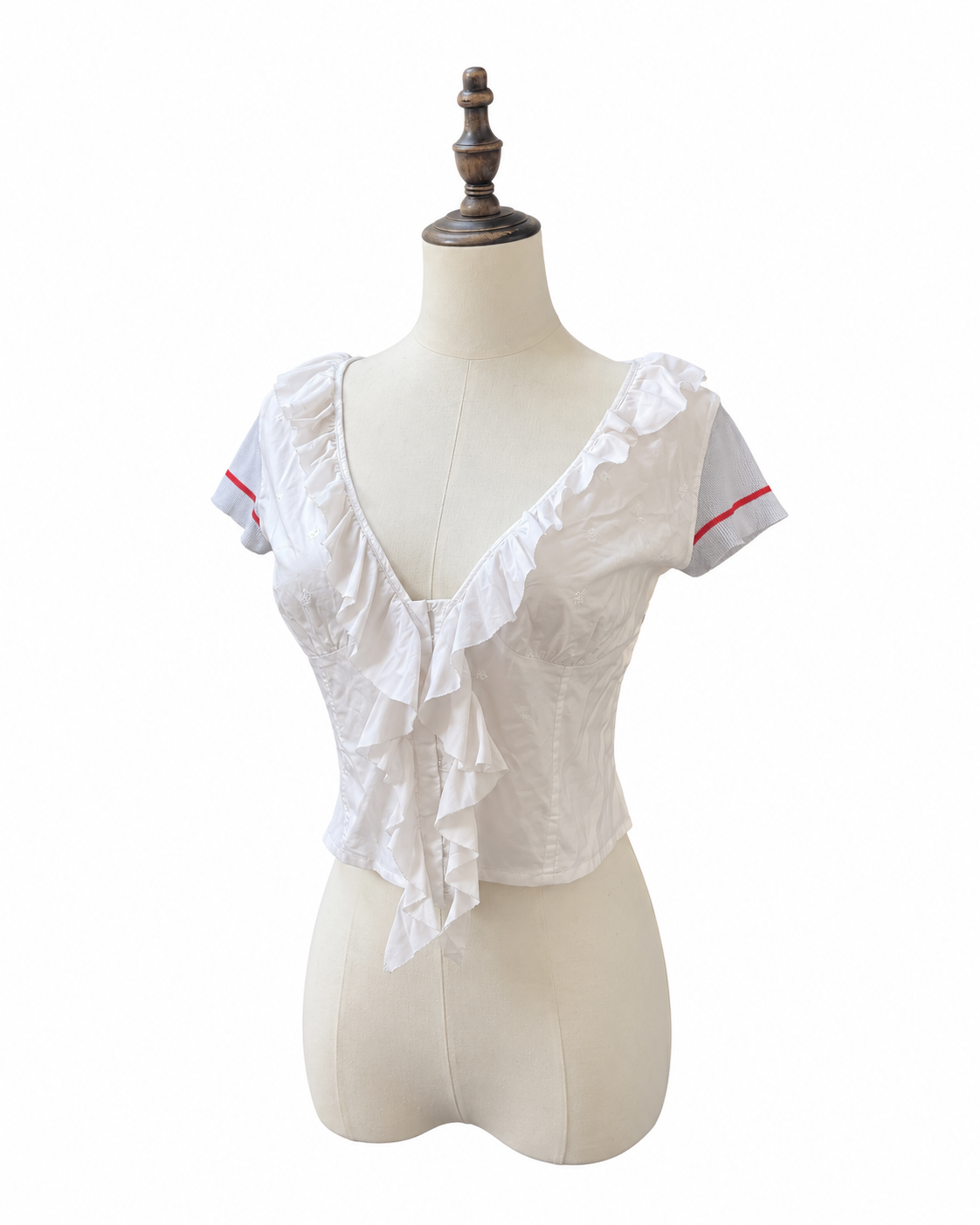Dolce & Gabbana Vintage Sport Top – White Ruffle V-Neck T-Shirt with Embroidered Back Detail