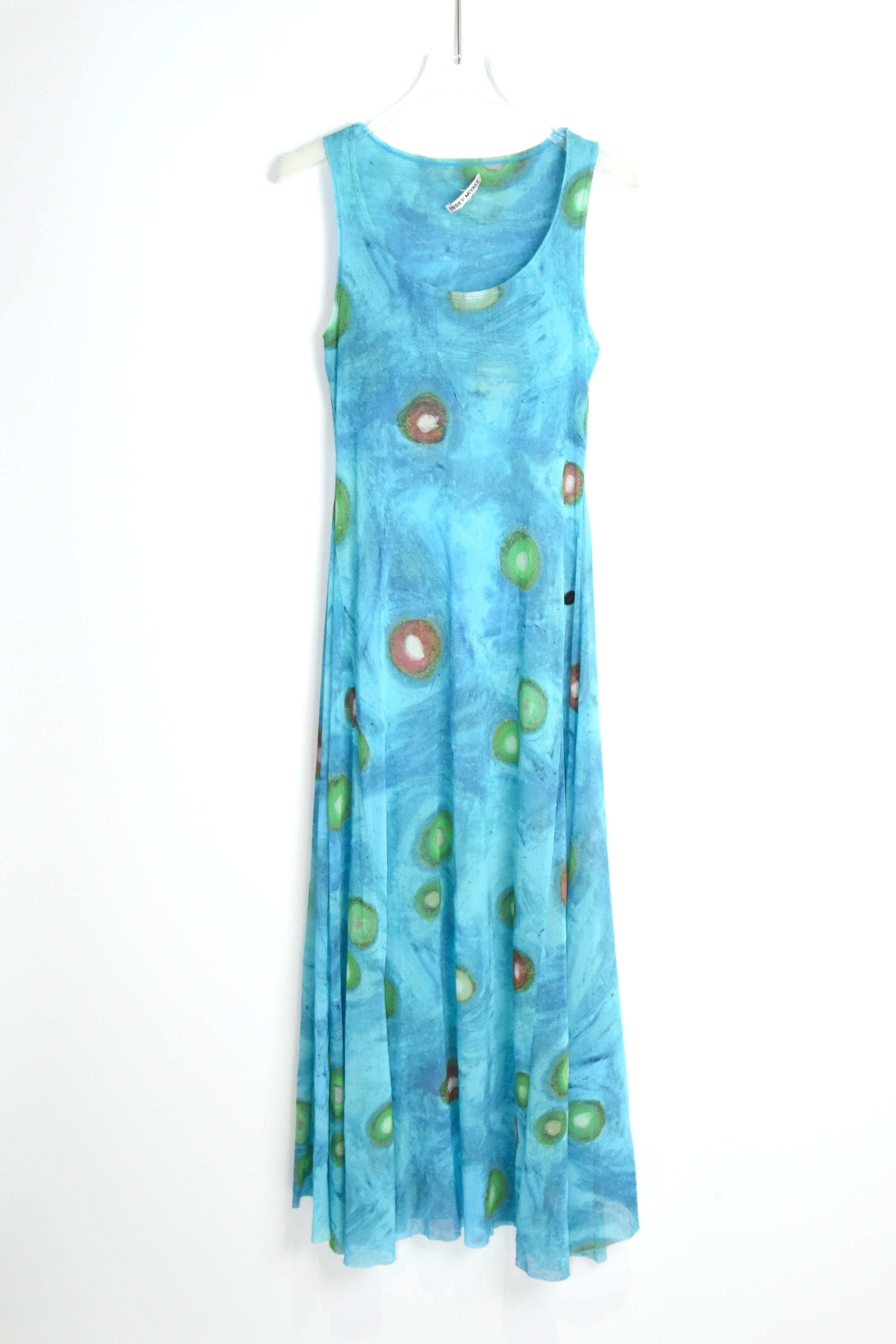 ISSEY MIYAKE Vintage Stretch Mesh Printed Tank Maxi Dress – Water Abstract Motif (Fits Women S–M)