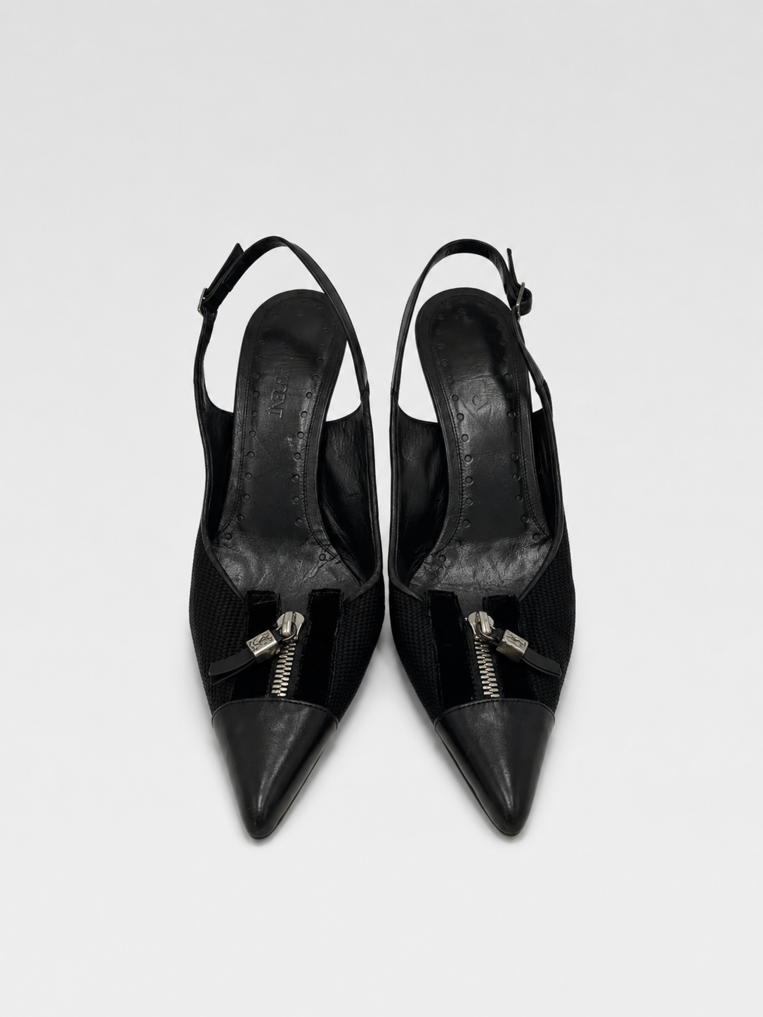 Yves Saint Laurent Vintage Zip-Detail Pointed Slingback Heels – Black Mesh & Leather Archive Pumps