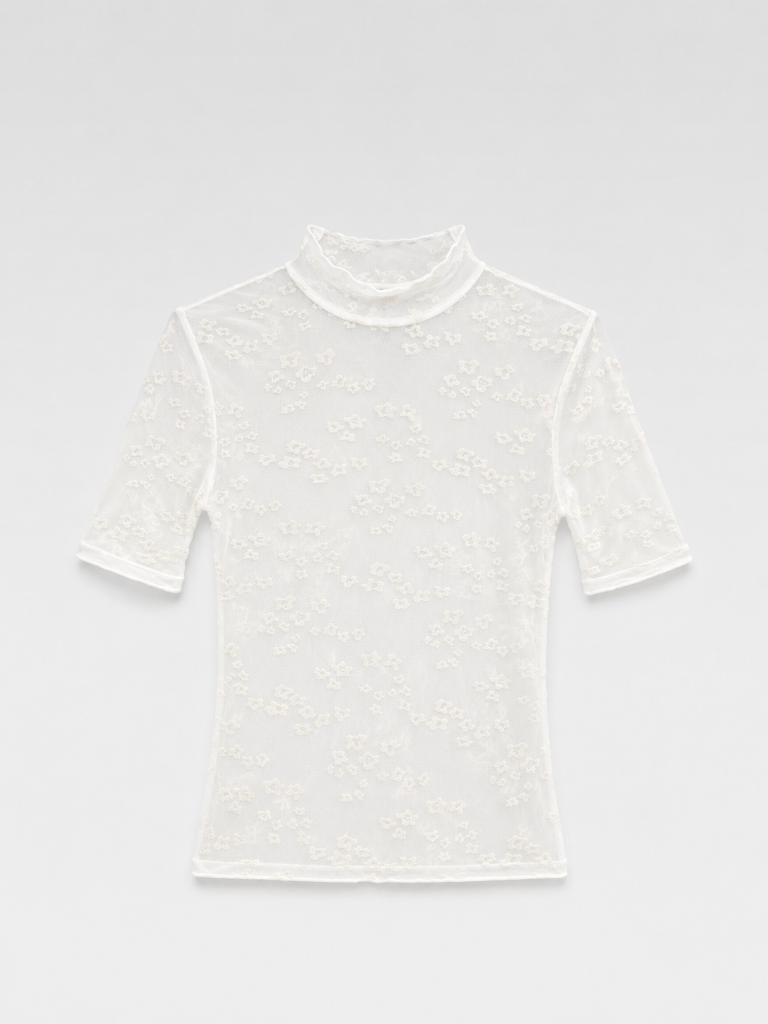 Opening Ceremony Sheer Floral Flocked Mesh T-Shirt – Cream Mock Neck Stretch Top