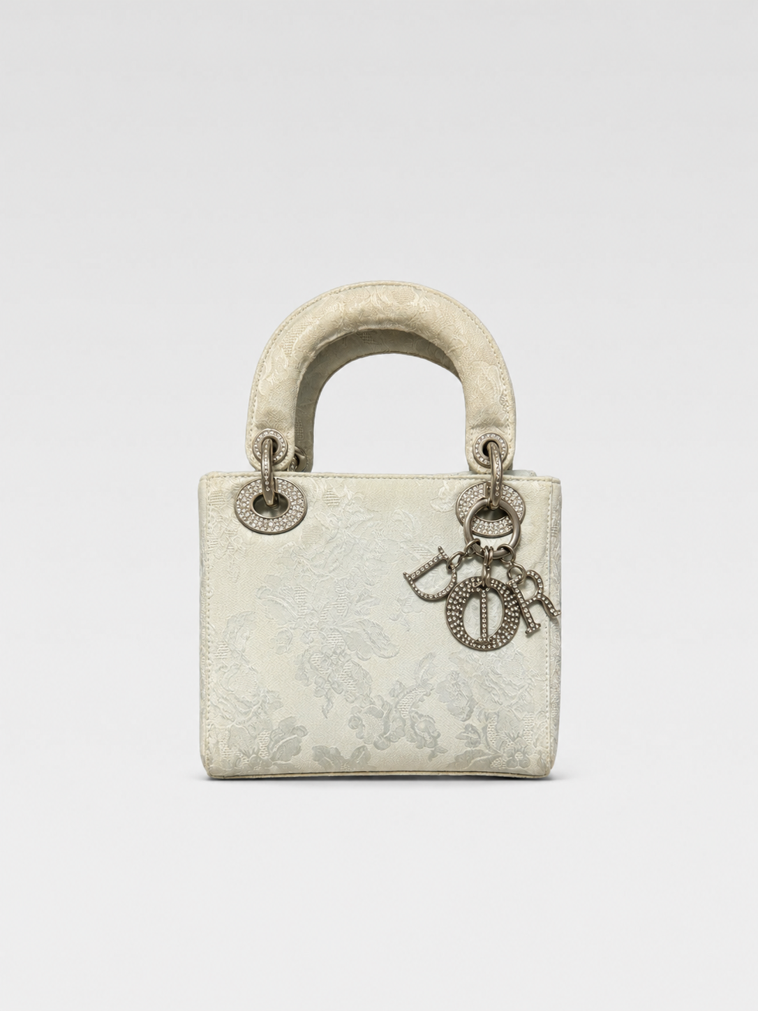 Christian Dior by John Galliano Vintage Lady Dior Mini Bag – Ivory Floral Jacquard Silk Satin Embroidered Top Handle Archive Piece with Original Authenticity Card