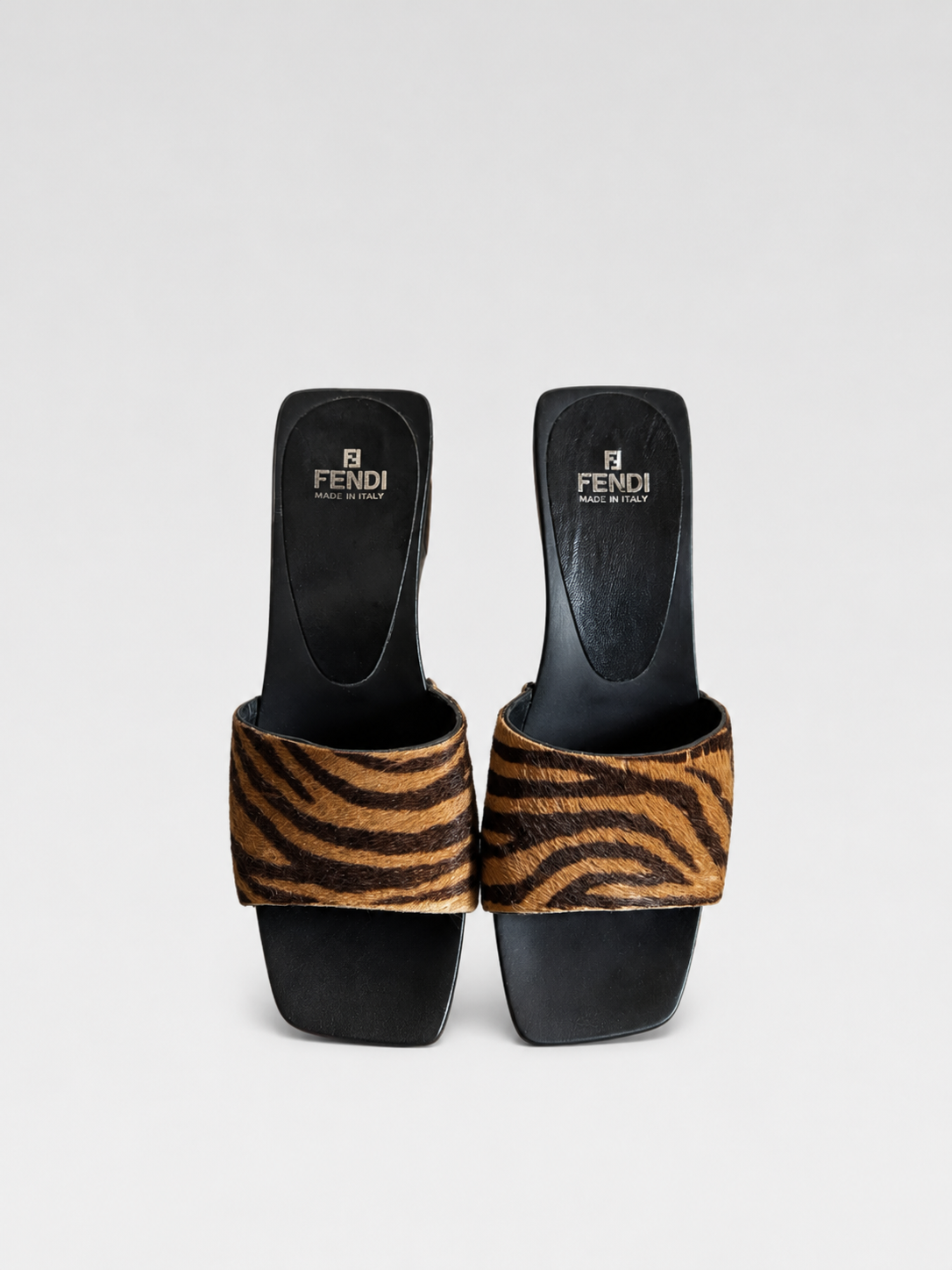 Fendi Zebra Print Pony Hair Slide Sandals Wooden Platform Heel Vintage Archive Mule Heels