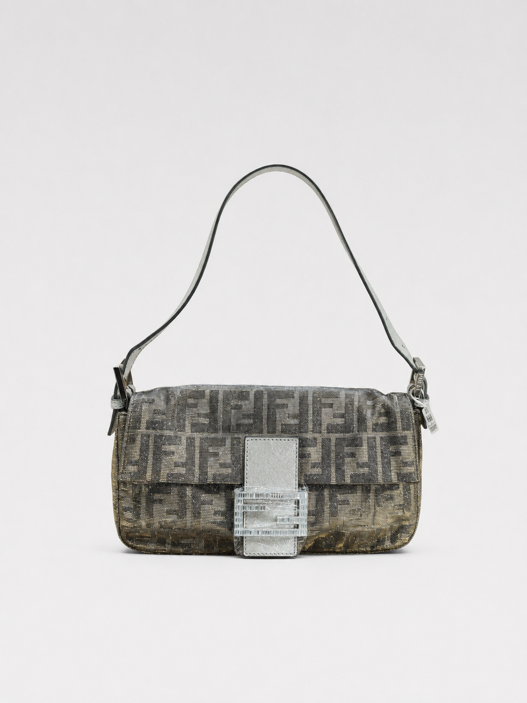 Fendi Vintage Metallic Silver Zucca Baguette Bag Crystal FF Logo Buckle Limited Edition Rare Archive Piece