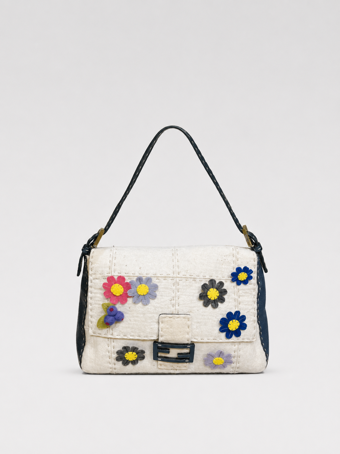 Fendi Selleria Vintage Floral Felt Baguette Bag Medium Blue & White Patchwork DIY Appliqué Runway Style Rare Numbered Piece
