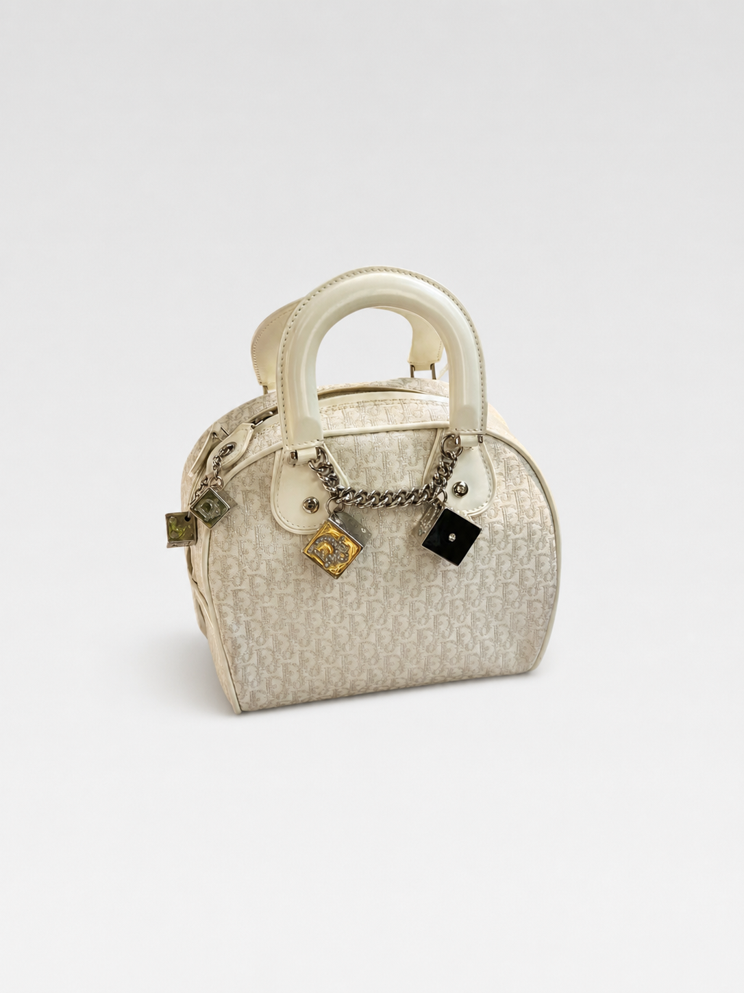 Christian Dior by John Galliano Limited Edition Mini White Oblique Dice Charm Boston Handbag Y2K Archive Extremely Rare Piece