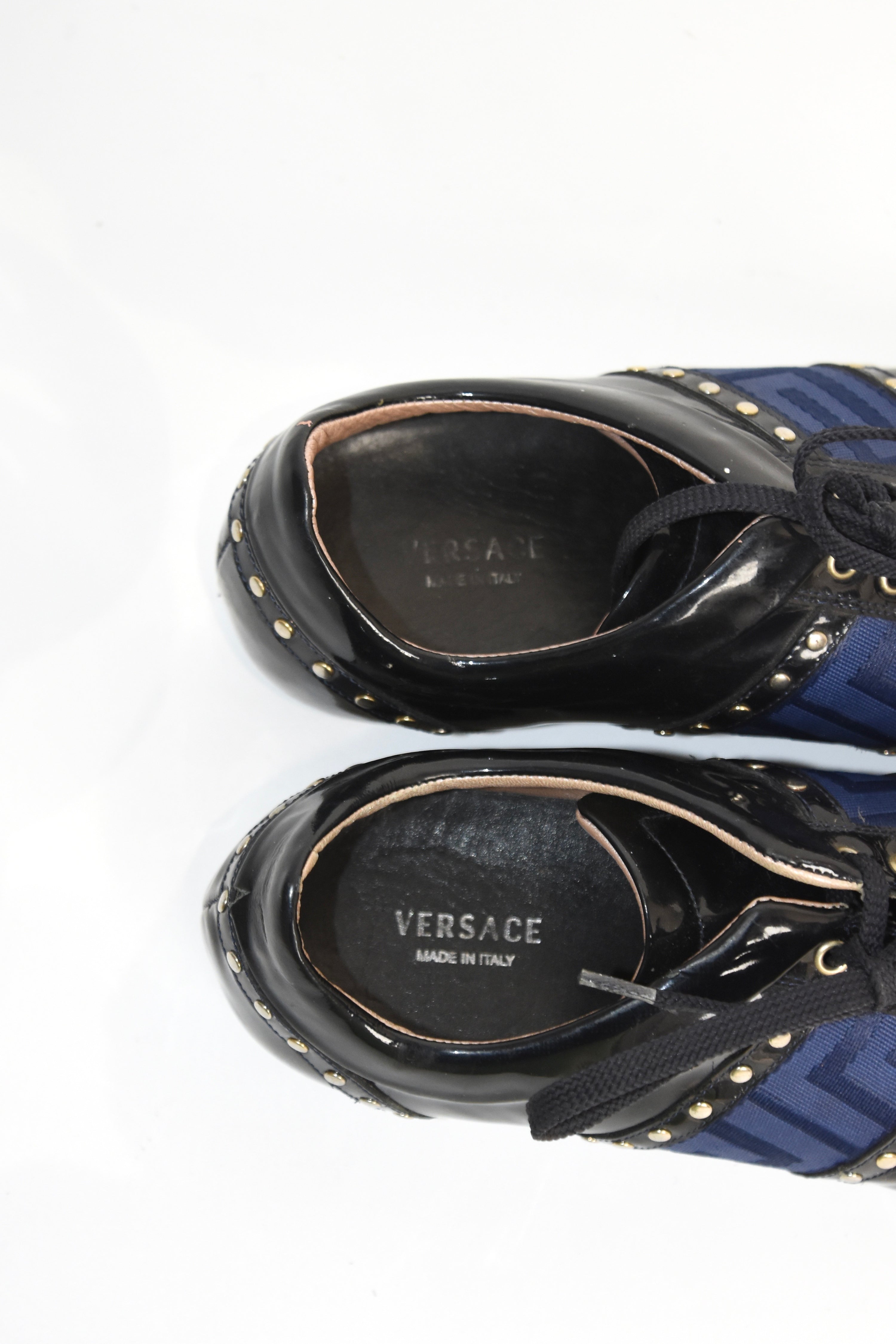 Versace Patent Leather Studded Lace-Up Sneakers – Size 37 (Made in Italy / Blue Greek Key / Archive)