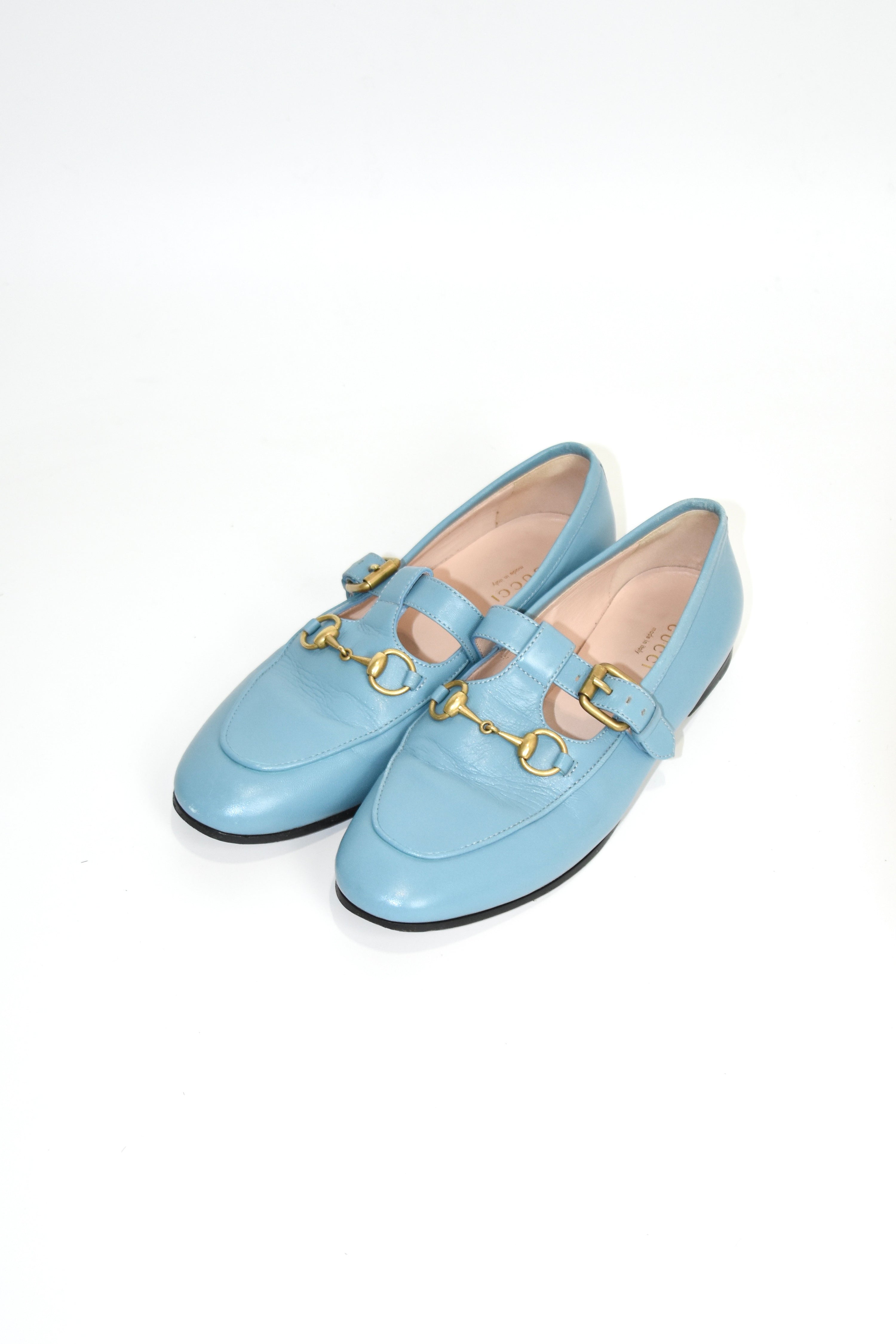 GUCCI Sky-Blue Leather Mary Jane Horsebit Loafers