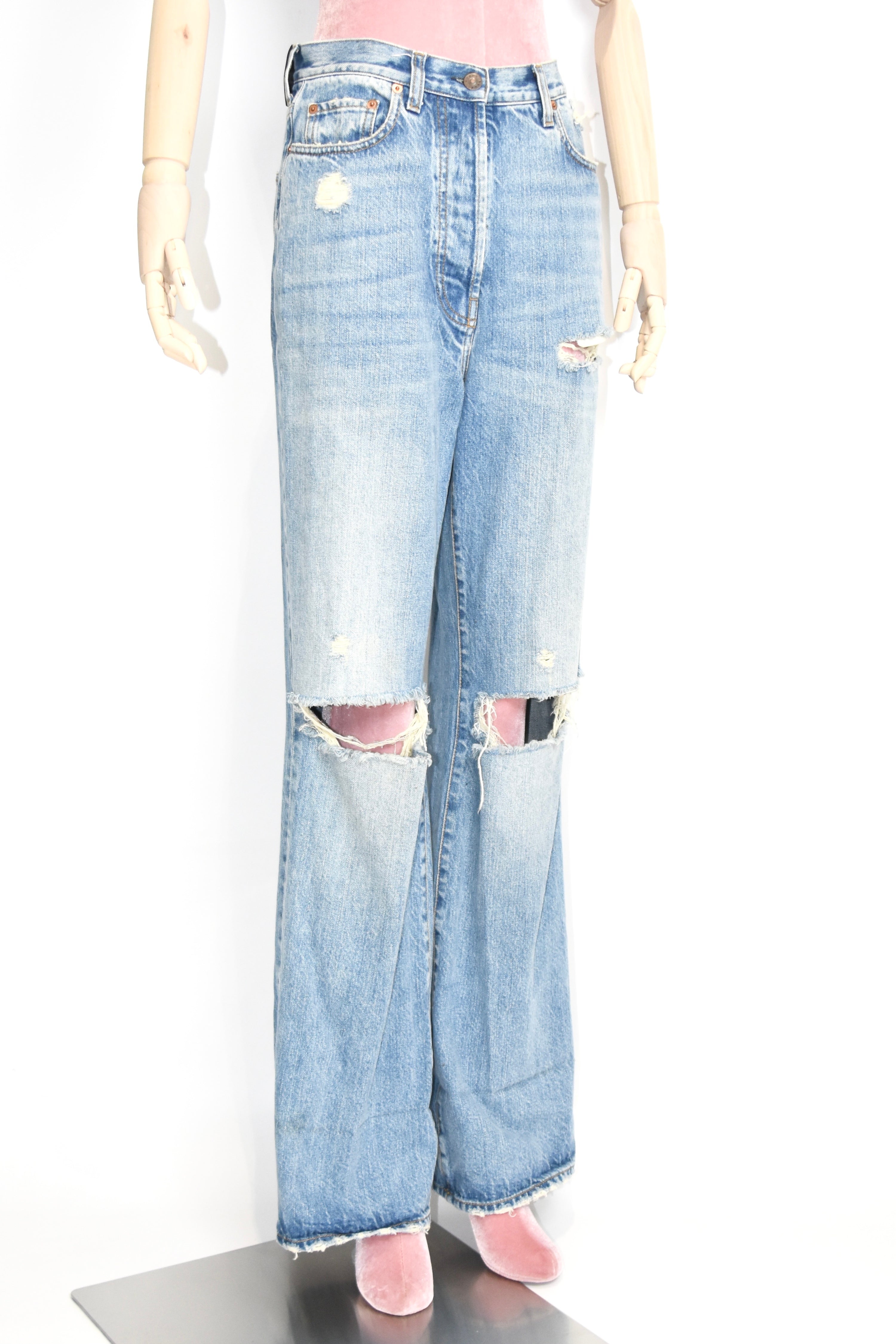 Gucci Distressed Flared Denim Jeans – Light Wash High Waist Destroyed Bootcut Pants
