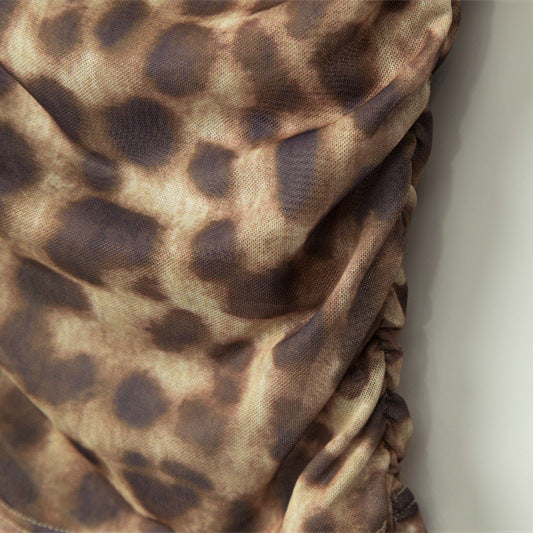 Irregular Asymmetrical Neck Hot Girl Ruched Tank Top Leopard Print Sexy Top for Women