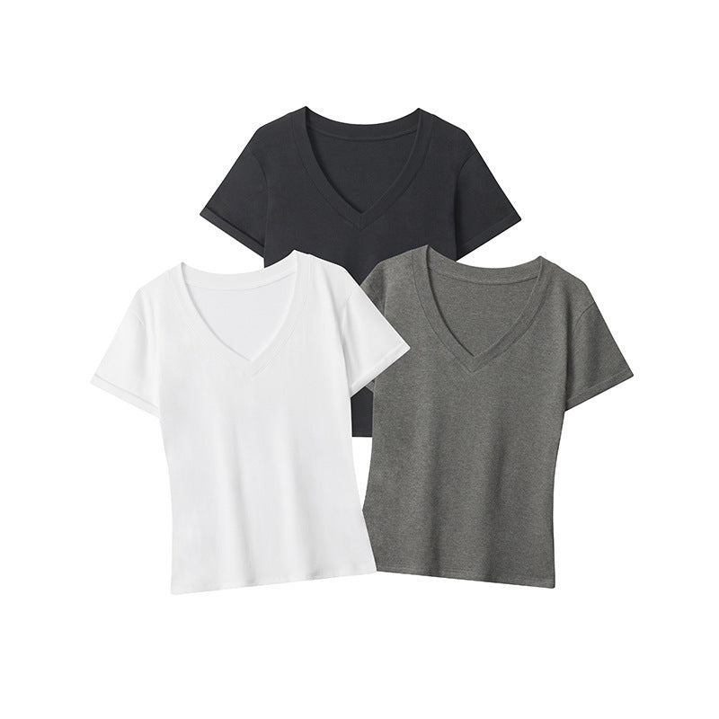 Simple Hot Girl Slimming Solid Color Top Slim Fit V Versatile Basic Short Sleeve Shirt T Women's T-shirt