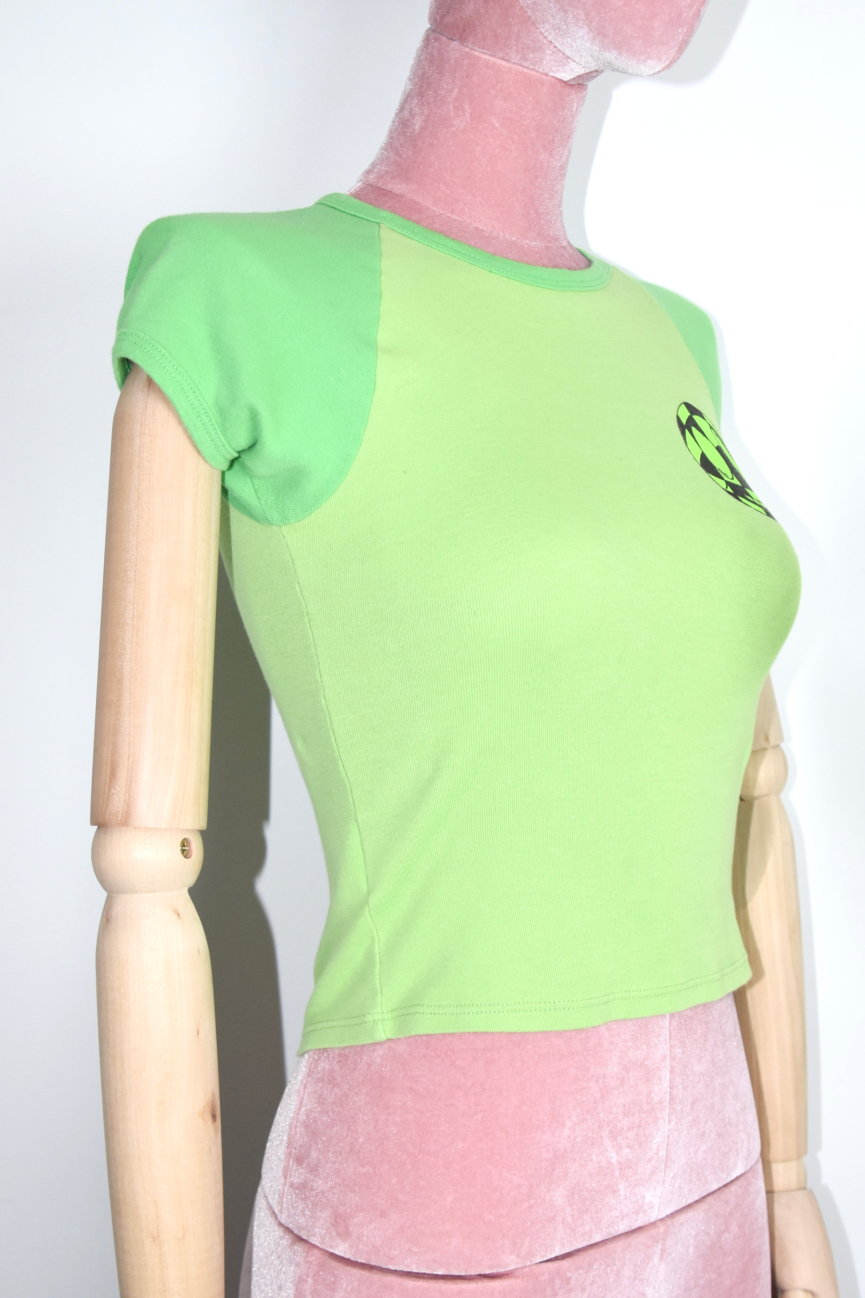 Chrome Hearts Neon Green Graphic Baby Tee – Y2K Smiley Face Print Cotton T-Shirt