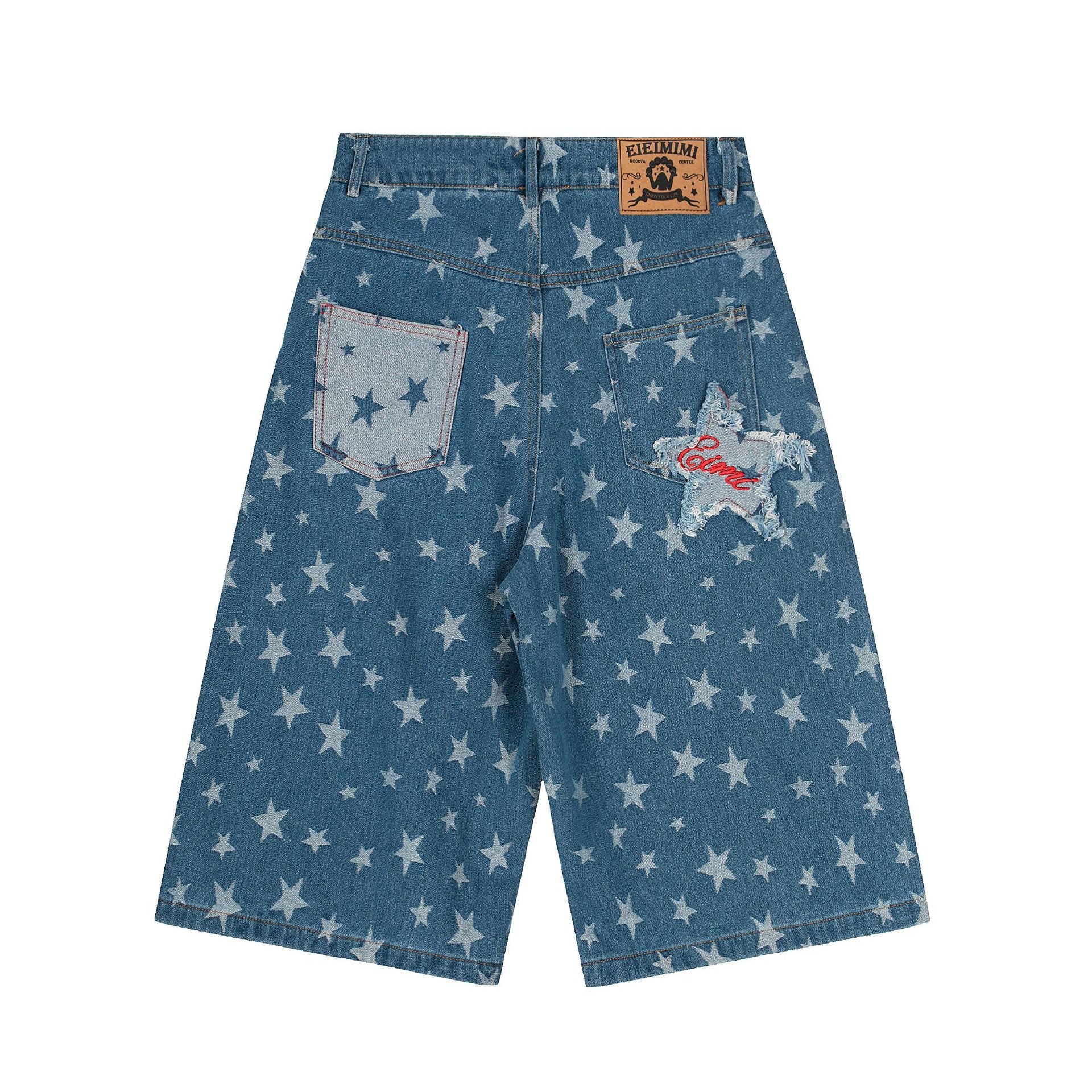 Blue and Bllack Y2K Stars Denim Shorts Straight Jeans