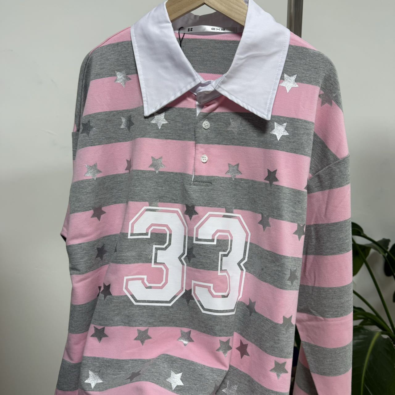Korean Loose Pink and Grey Striped Polo Sweatshirt Top