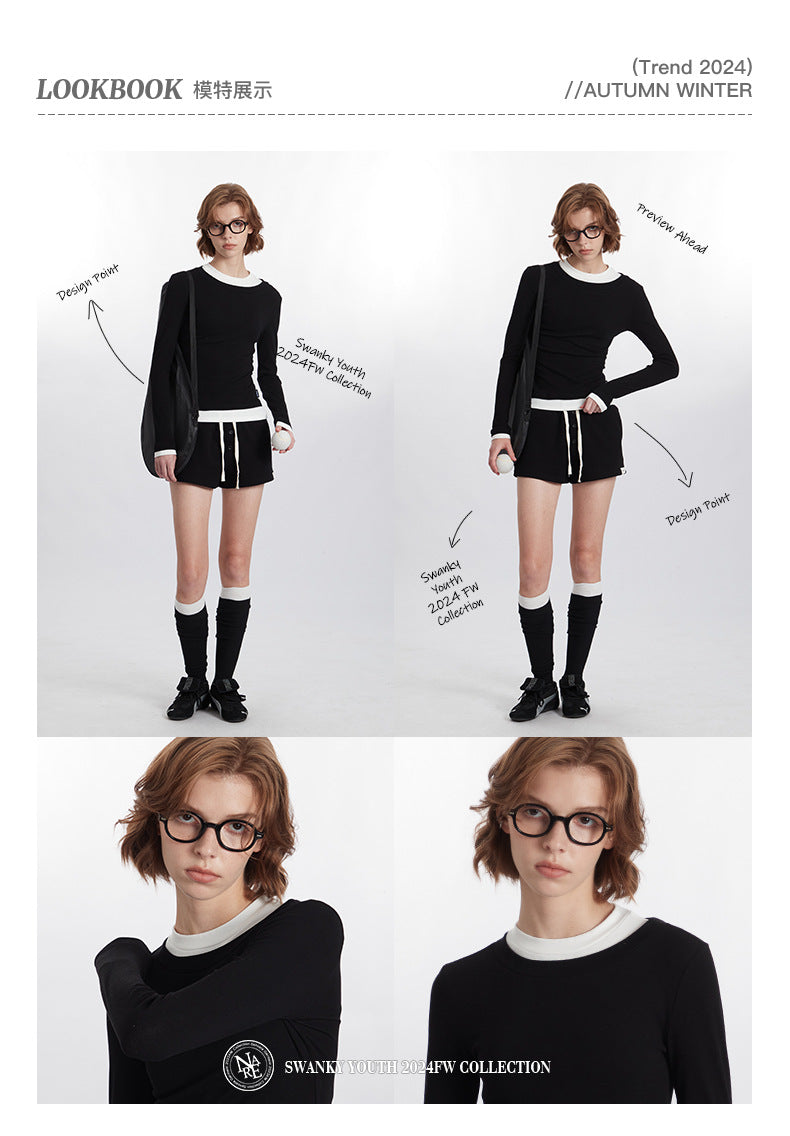Color Block Trim Round Neck Long Sleeve T Women's New Slim Fit Shirt ins