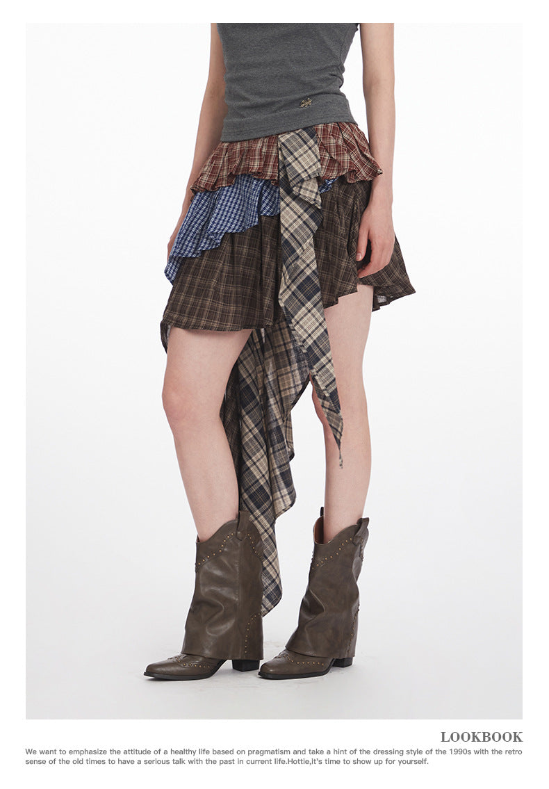 Irregular High Waist Plaid Patchwork Skirt for Women, Unique Sweet and Anti-Exposure Short Skirt