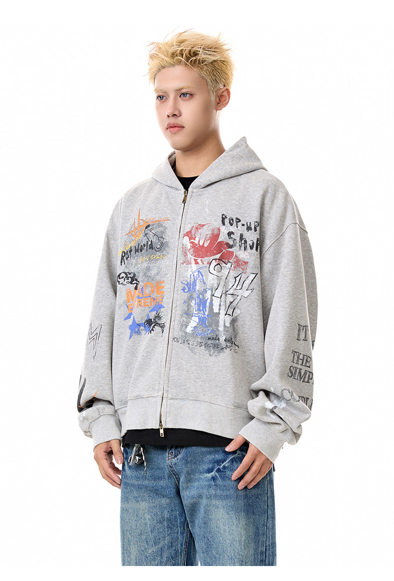 Street hip-hop graffiti sweatshirt for men and women, spring and autumn season oversize Trendy Hooded Cardigan Jacket