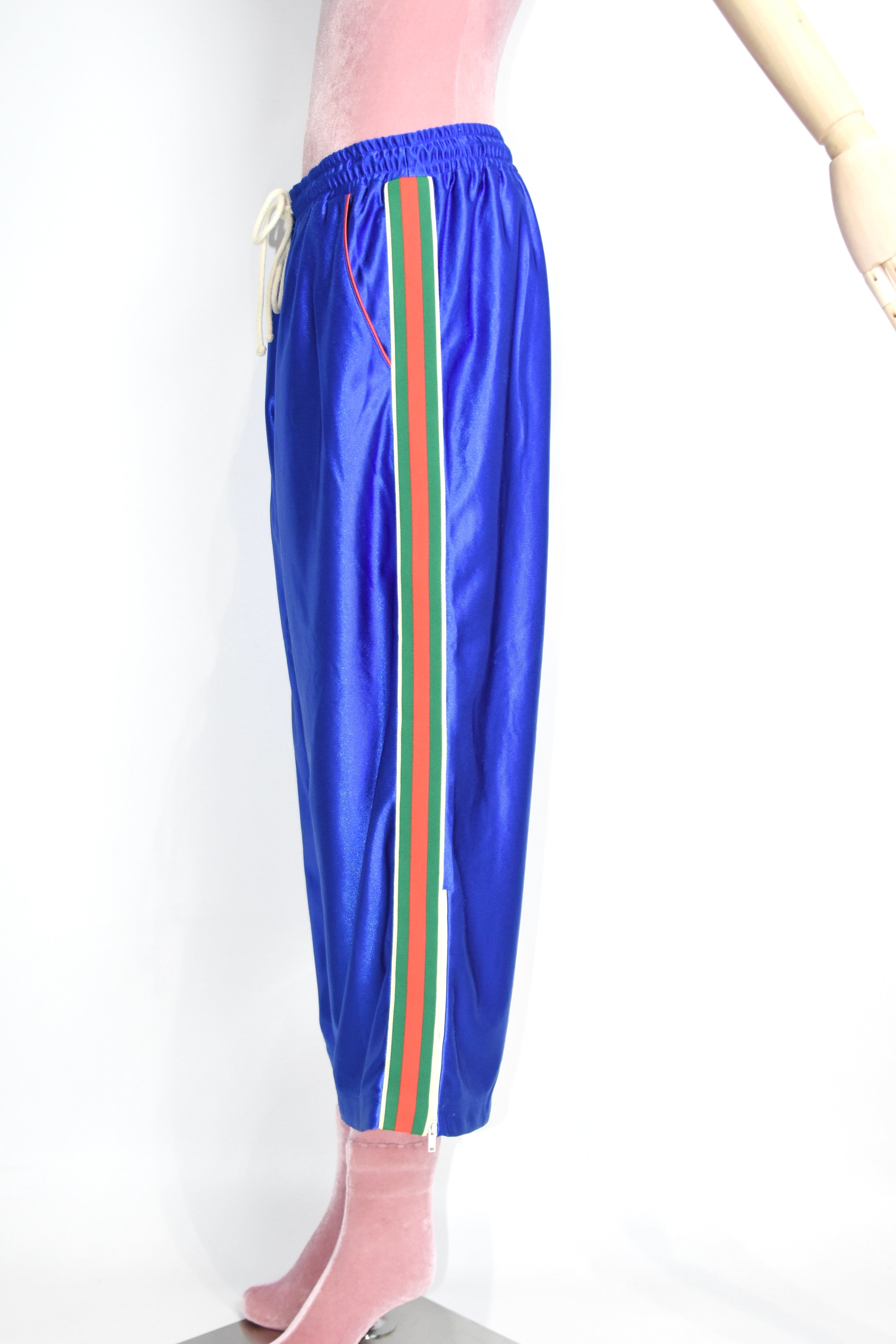 Gucci Blue Satin Track Pants with Web Stripe – Alessandro Michele Era Silk-Look Jogger Trousers