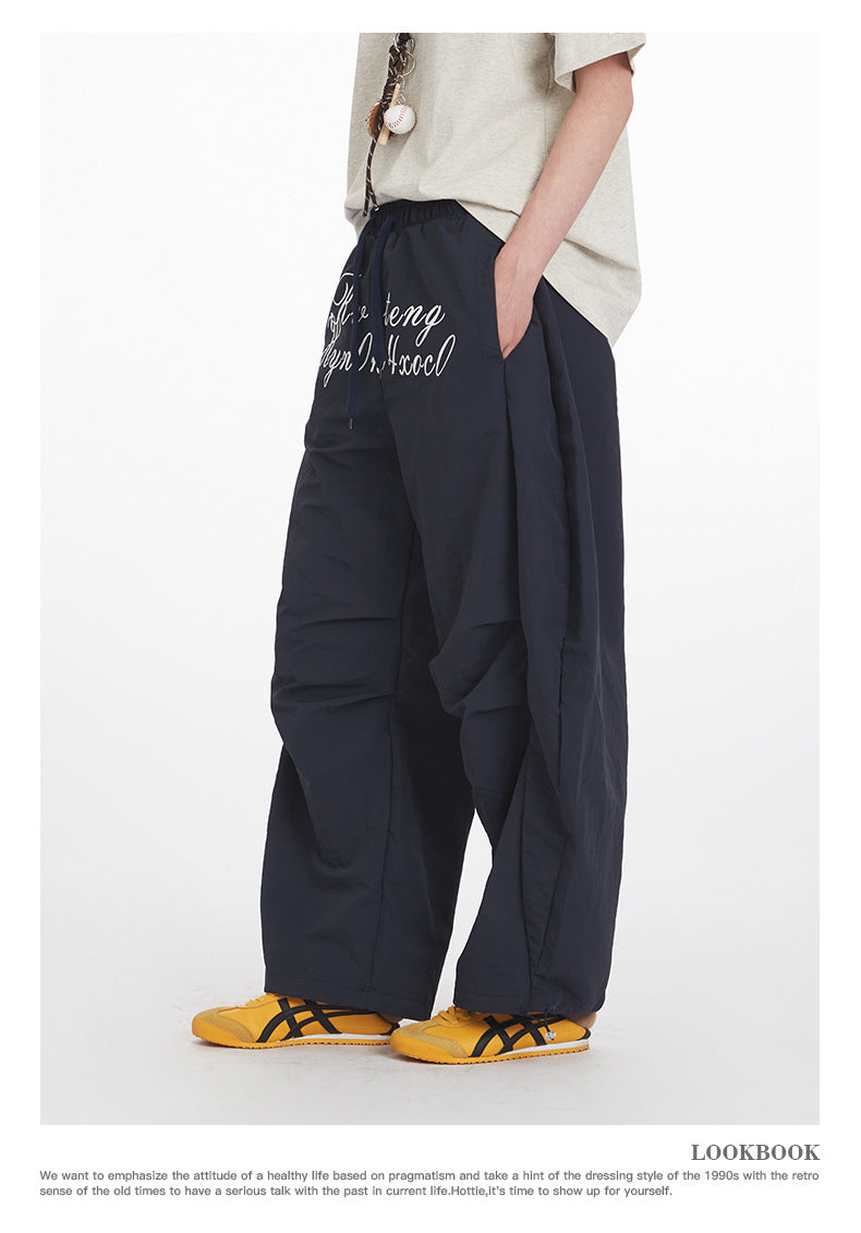 Men's Letter Print Pleated Casual Pants Women's Trendy Loose Cargo Wide-Leg Scimitar Pants