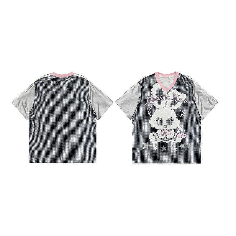 Retro Rabbit Print Short Sleeve T Shirts Unisex loose casual street sports V Collared Jersey Base Shirt