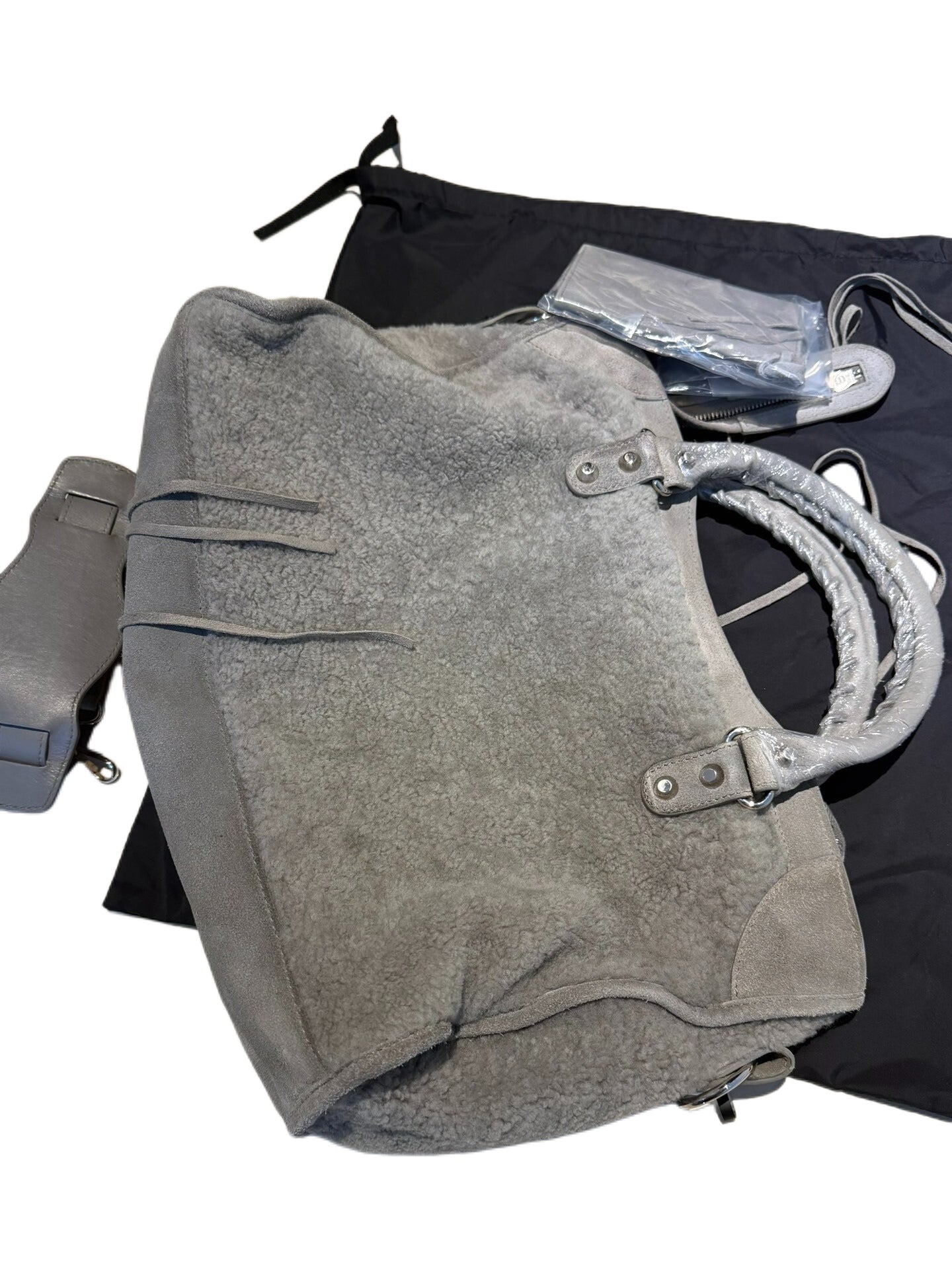 BALENCIAGA Rare Grey Shearling Suede City Bag — Medium