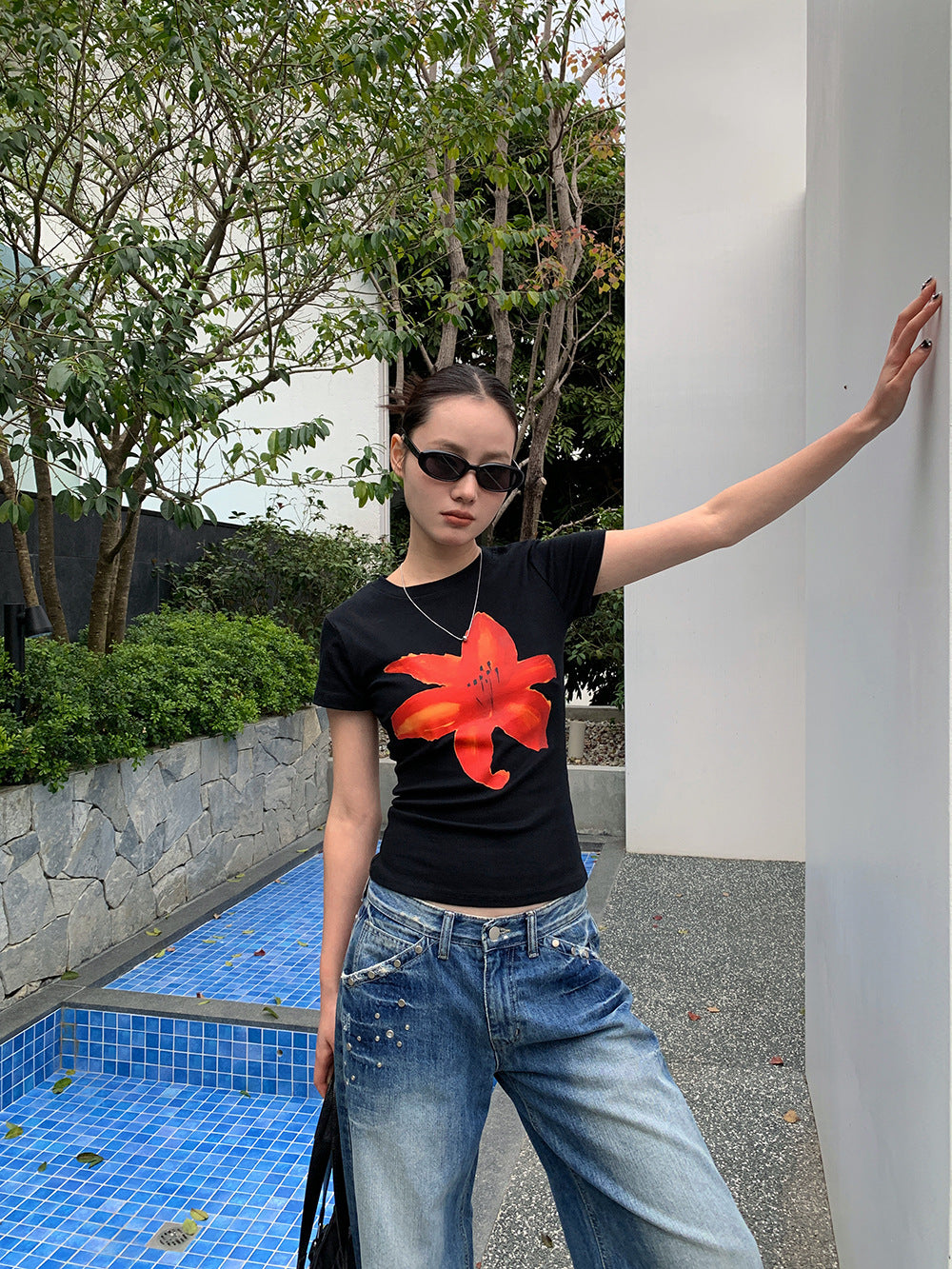 Slim Fit Floral Print Women's T-shirt Spring and Summer Versatile Short Tops