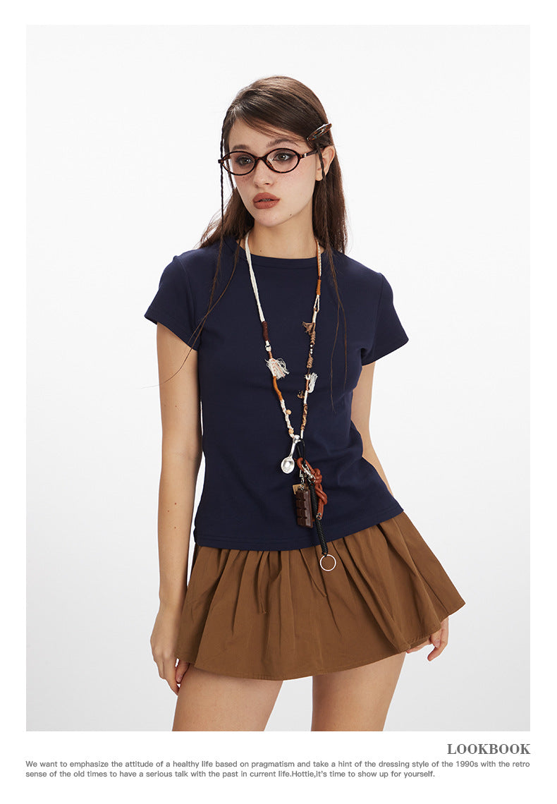 Basic Style Solid Color t Women's Short Sleeve Slim Fit Round Neck Short Top Summer